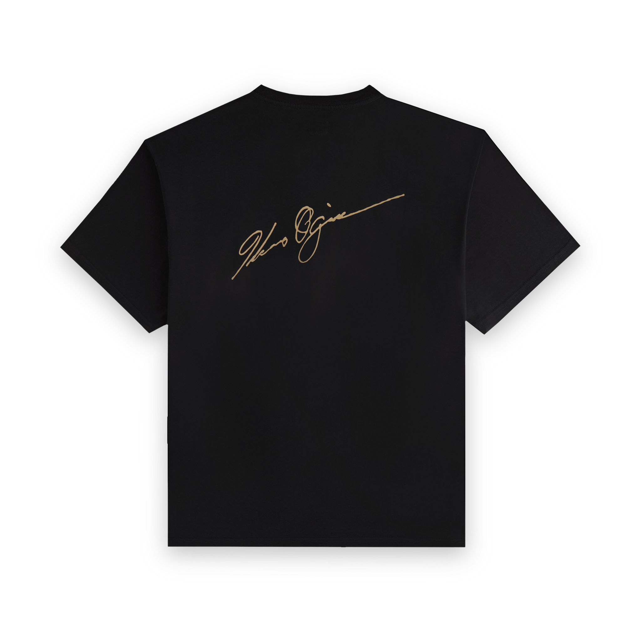 Back view of the black Koyo Bear Ichiro Ogimura OGI Signature Return T-shirt featuring the gold Ogimura signature print.