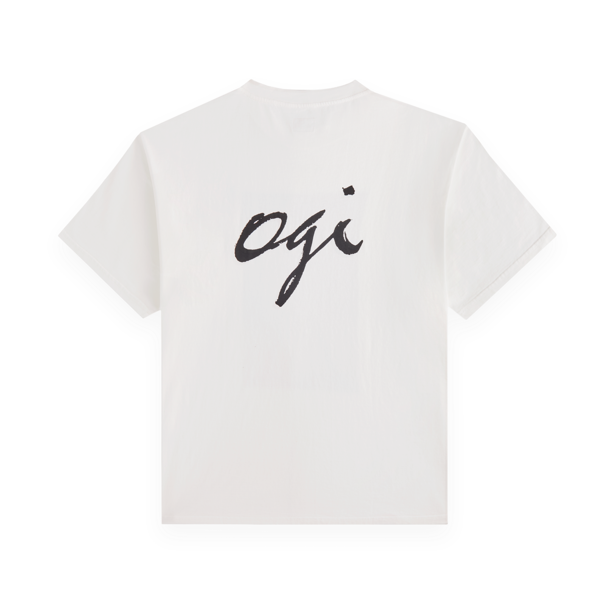 Back view of the white Koyo Bear Ichiro Ogimura OGI Signature Serve T-shirt featuring the black ‘ogi’ signature print.