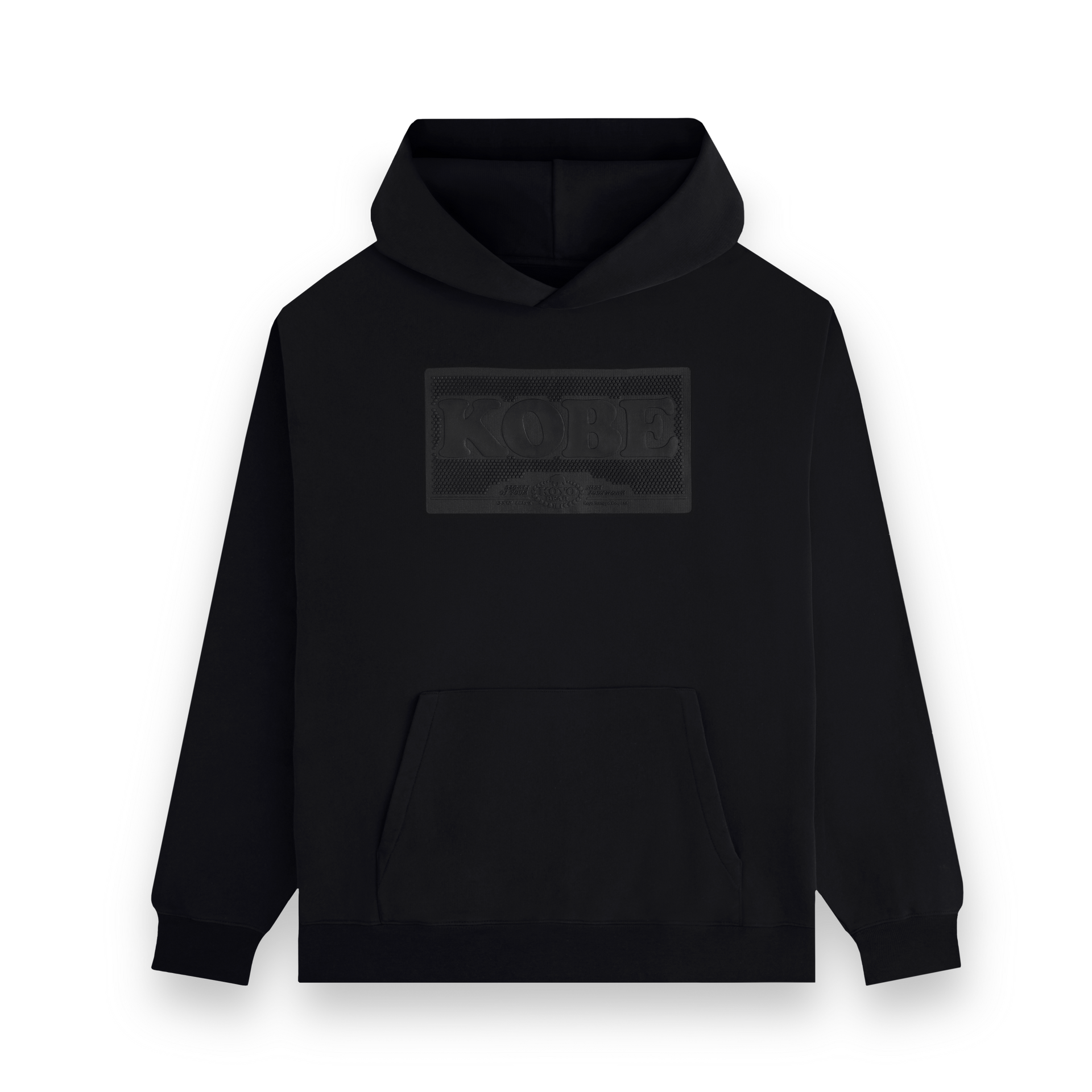 Front view of the black Koyo Bear Short Pips hoodie featuring a rubberised KOBE logo patch with short pips texture on the chest.