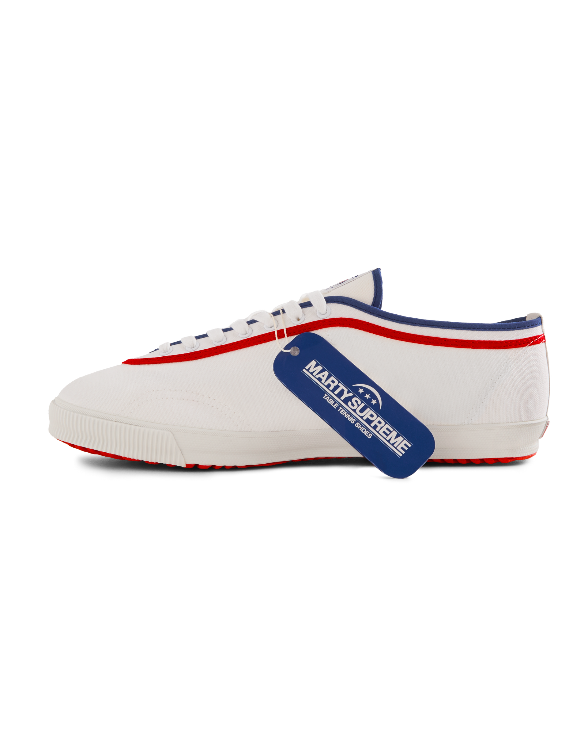 Koyo Bear x Marty Supreme Sharpman sneaker in white canvas with blue and red trim and official collaboration hangtag, handcrafted in Japan.