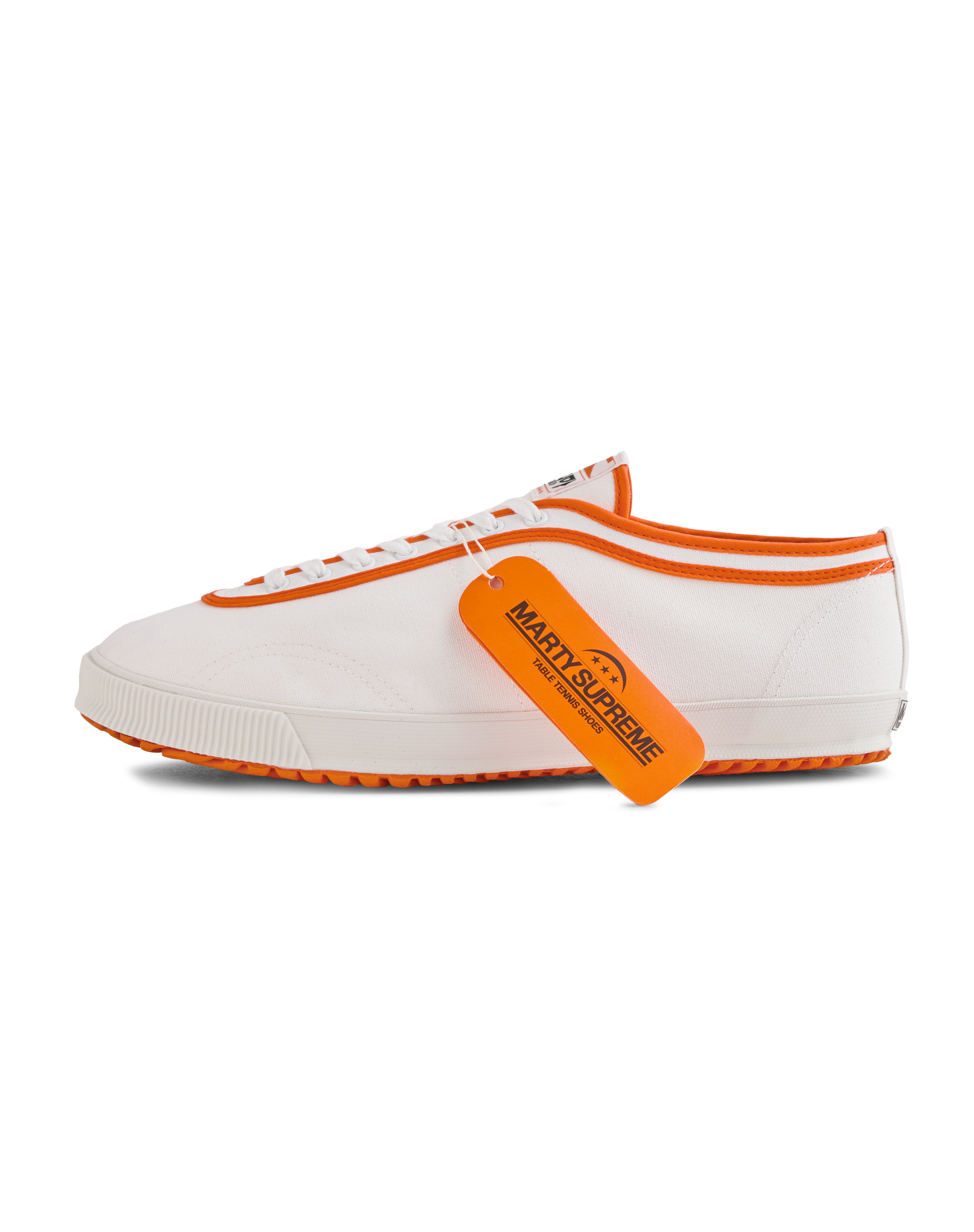Koyo Bear x Marty Supreme Sharpman sneaker in white canvas with orange trim and collaboration hangtag, handmade in Japan with signature vulcanized rubber sole.