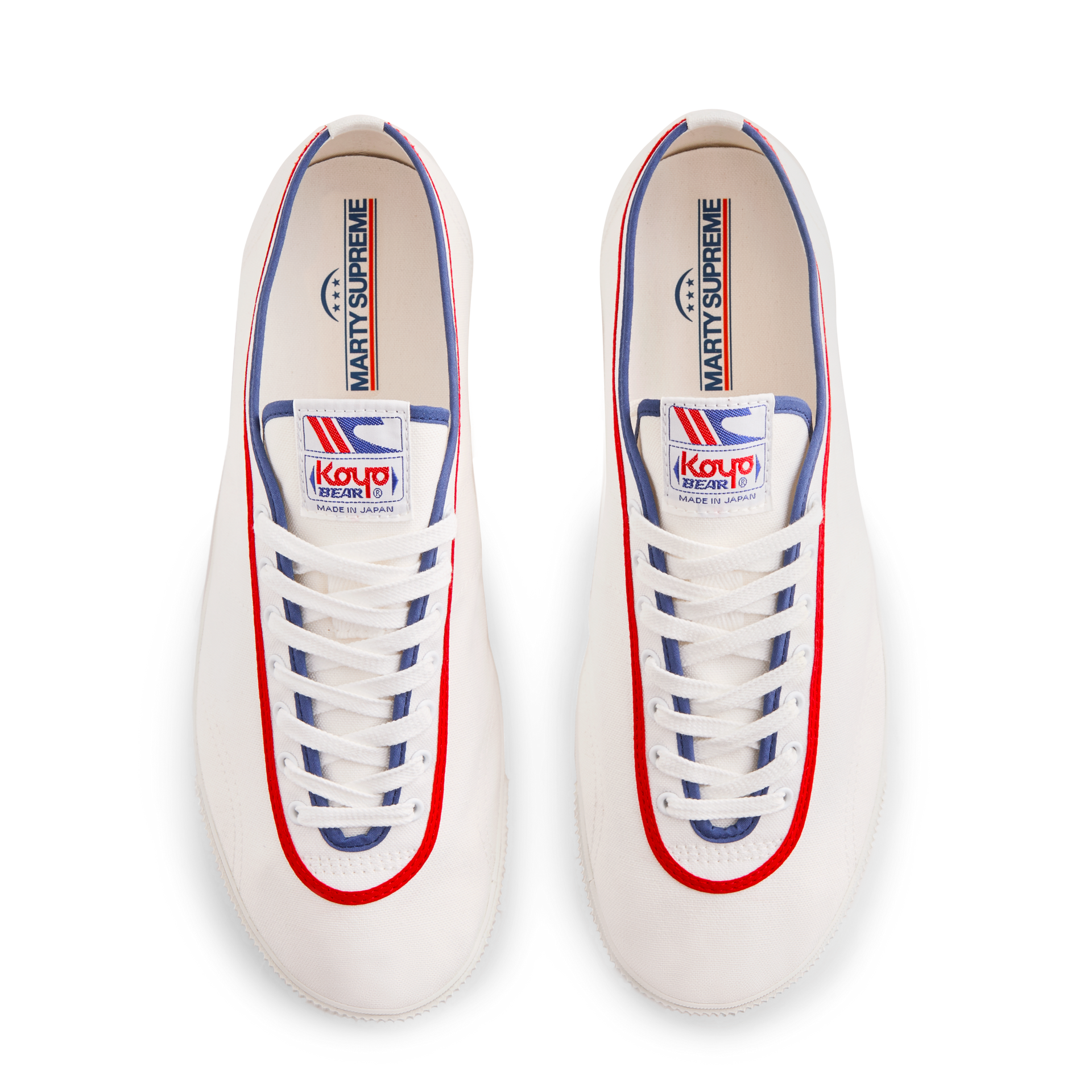 Top view of the white Koyo Bear Sharpman Marty Supreme sneakers with blue center stripe and red trim, made in Japan for the A24 Films collaboration.