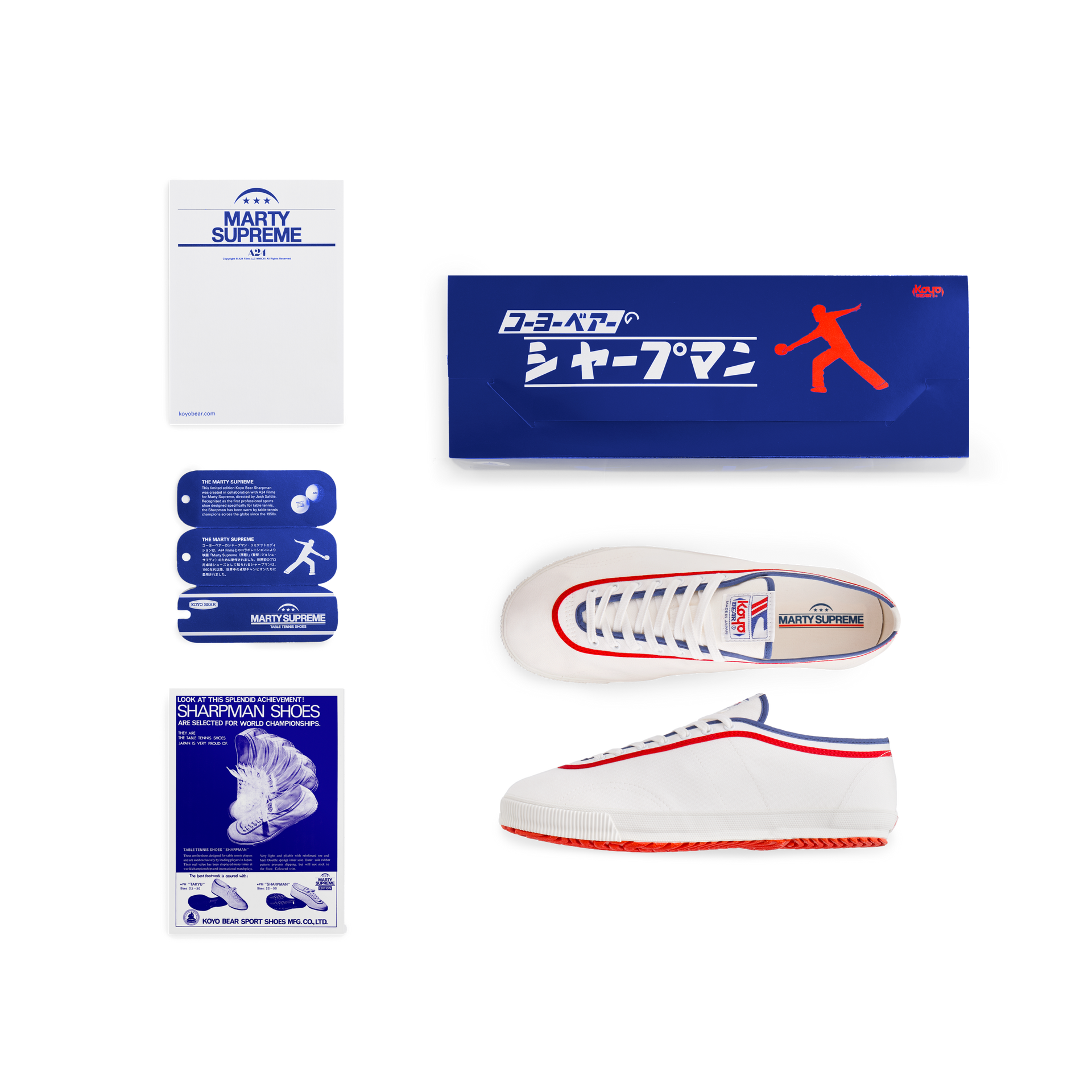 Set view of the white Koyo Bear Sharpman Marty Supreme sneakers with red and blue trim, including the shoe box, hangtag, card and Marty Supreme A24 packaging.