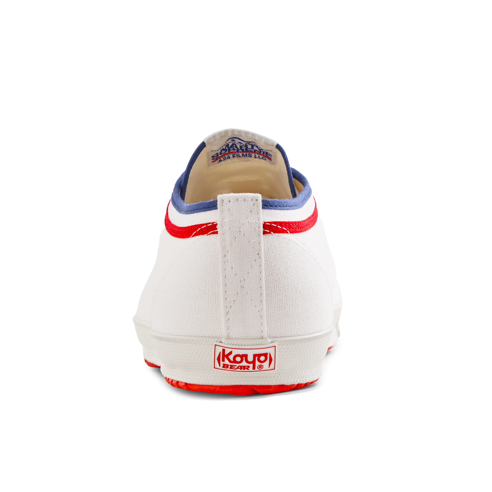 Back view of the white Koyo Bear Sharpman Marty Supreme sneakers with red and blue trim, showing the heel patch and rear branding.