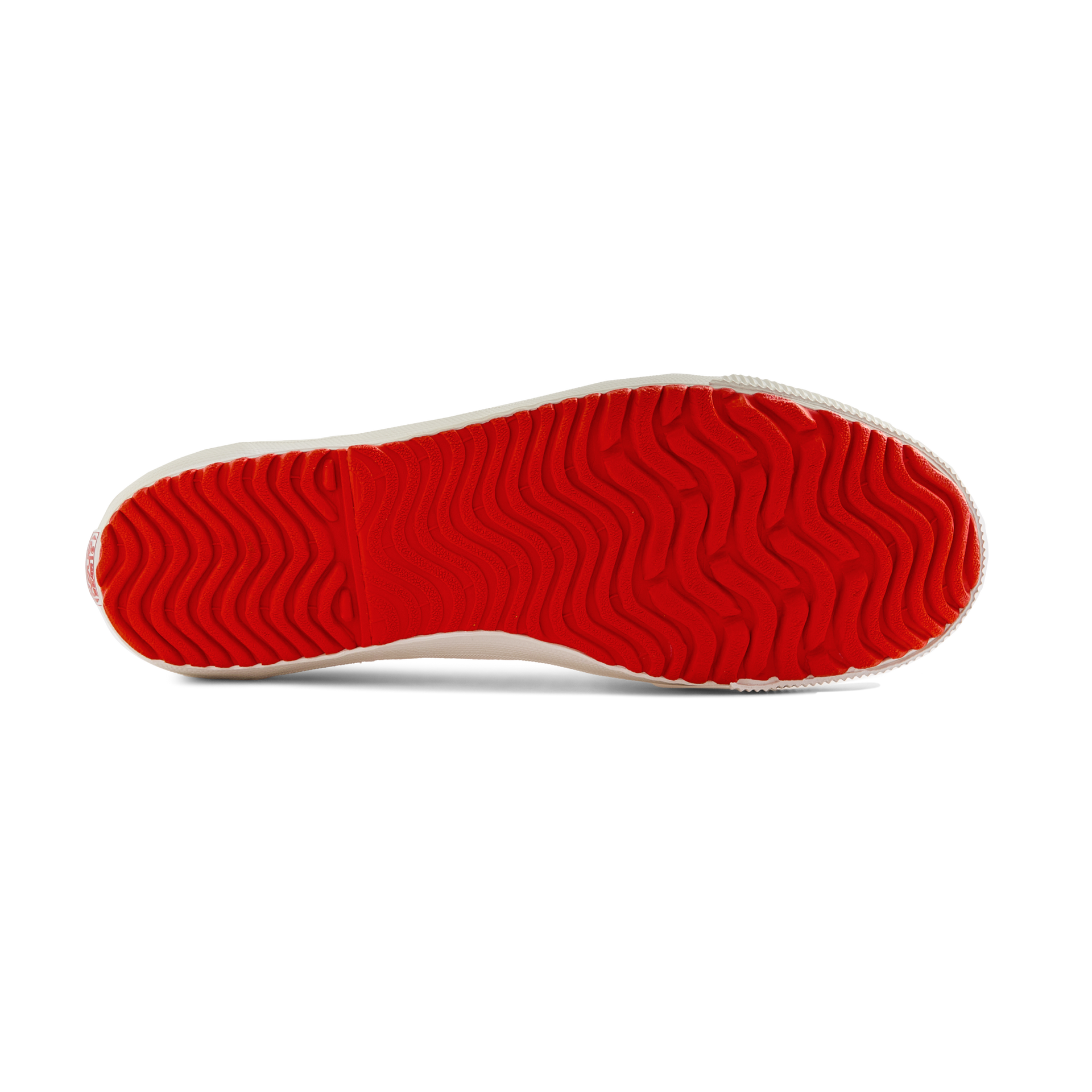 Sole view of the white Koyo Bear Sharpman Marty Supreme sneakers with red and blue trim, featuring the vulcanised rubber outsole.