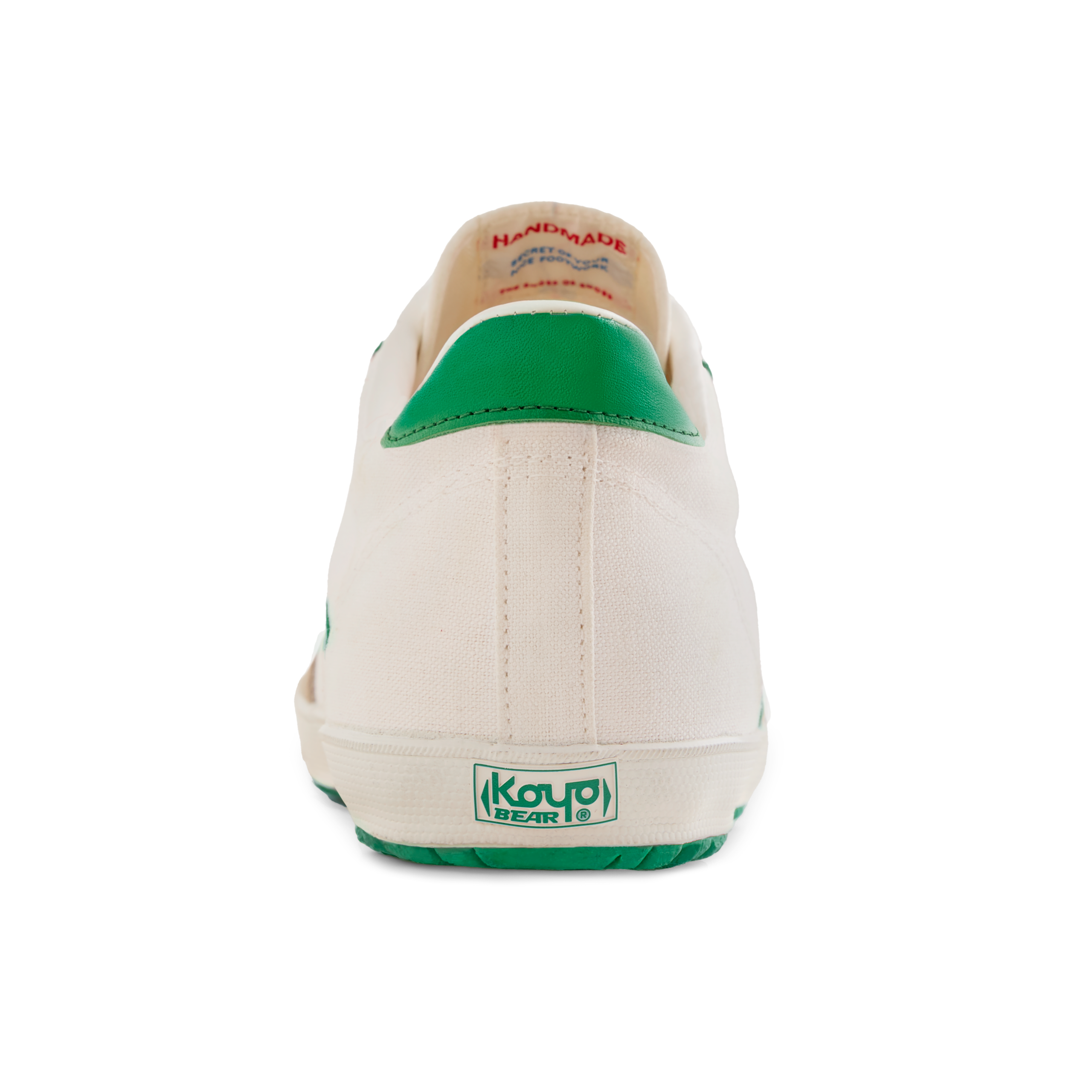 Back view of the Koyo Bear Sharpman Nimble Green sneakers showing the green heel tab and Koyo Bear logo on the vulcanised sole.