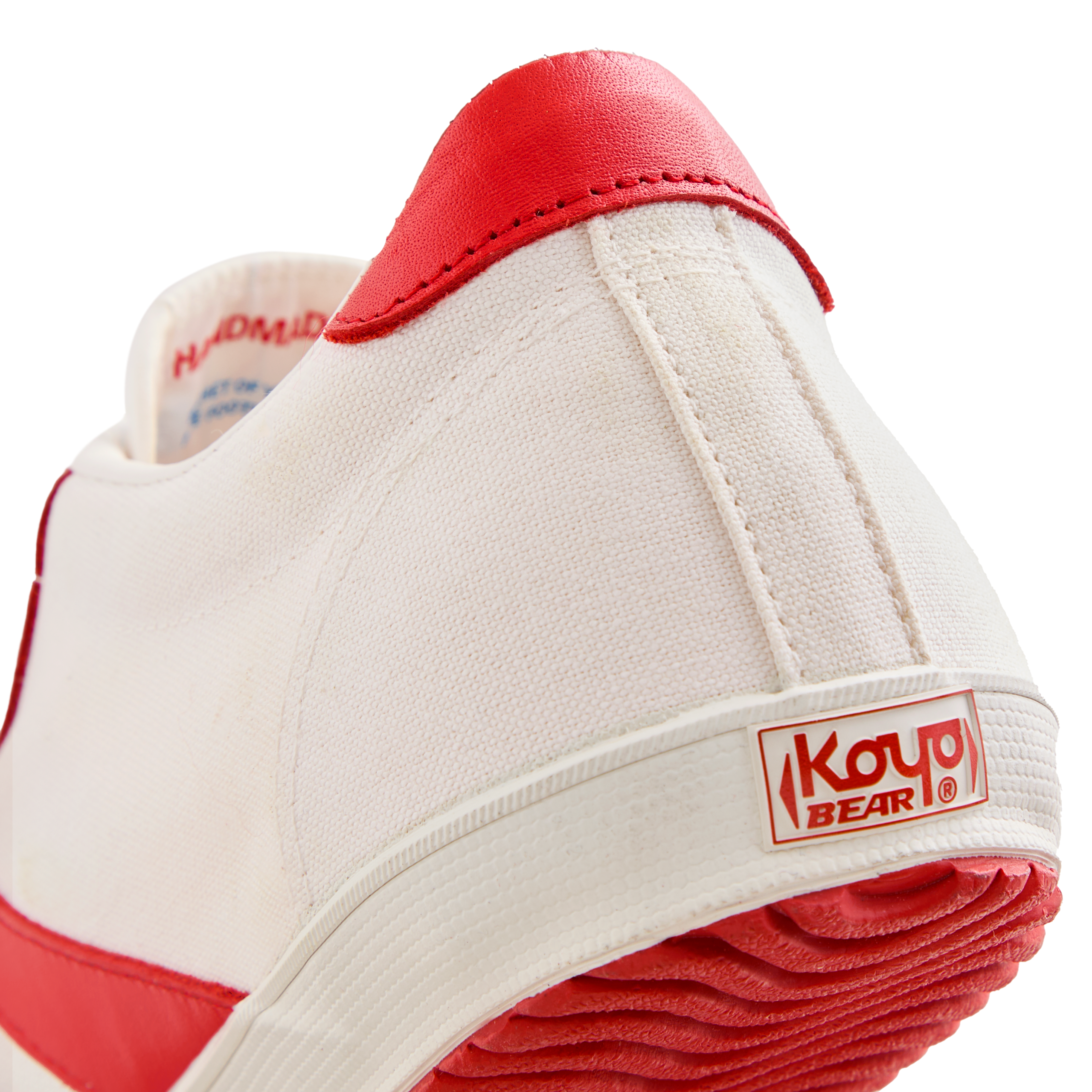 Back view of the Koyo Bear Sharpman Nimble Red sneakers showing the heel logo and red vulcanised outsole on the Made in Japan canvas upper.