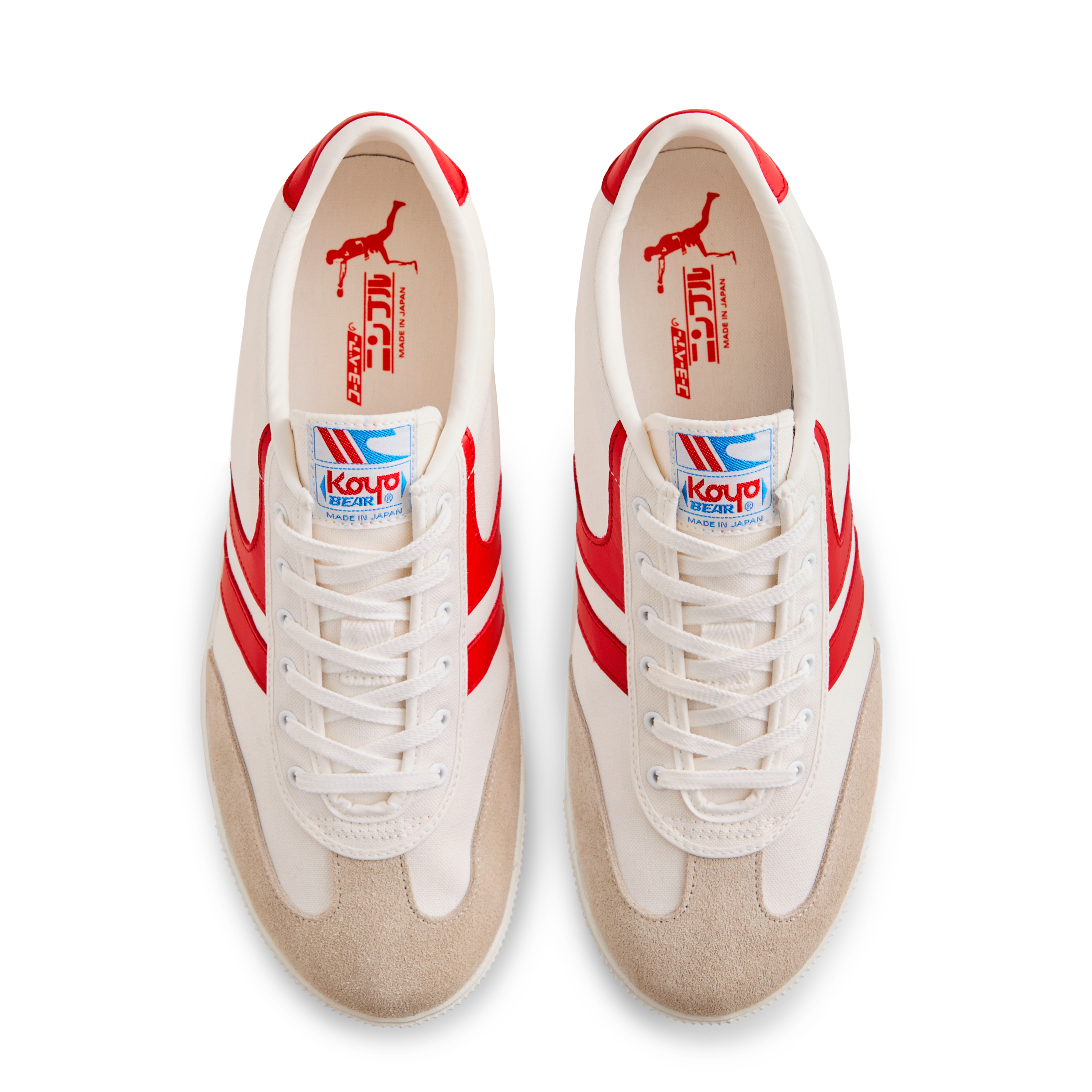 Top view of the Koyo Bear Sharpman Nimble Red sneakers in white canvas with red stripes, shown as a matching pair with Made in Japan branding visible on the insole.