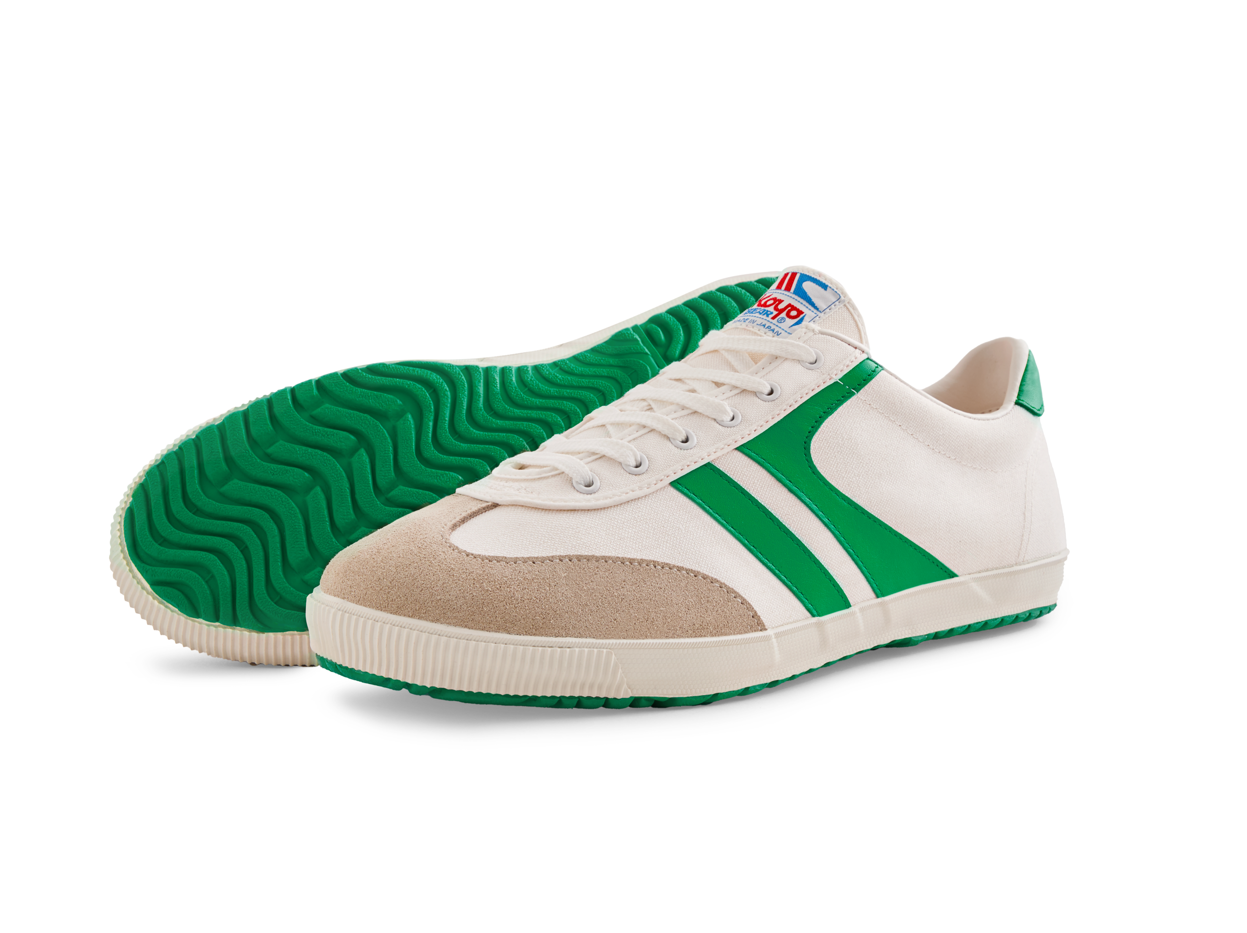 Side view of the Koyo Bear Sharpman Nimble sneakers in white canvas with green stripes and green vulcanised sole, highlighting the low-profile design and lightweight silhouette.
