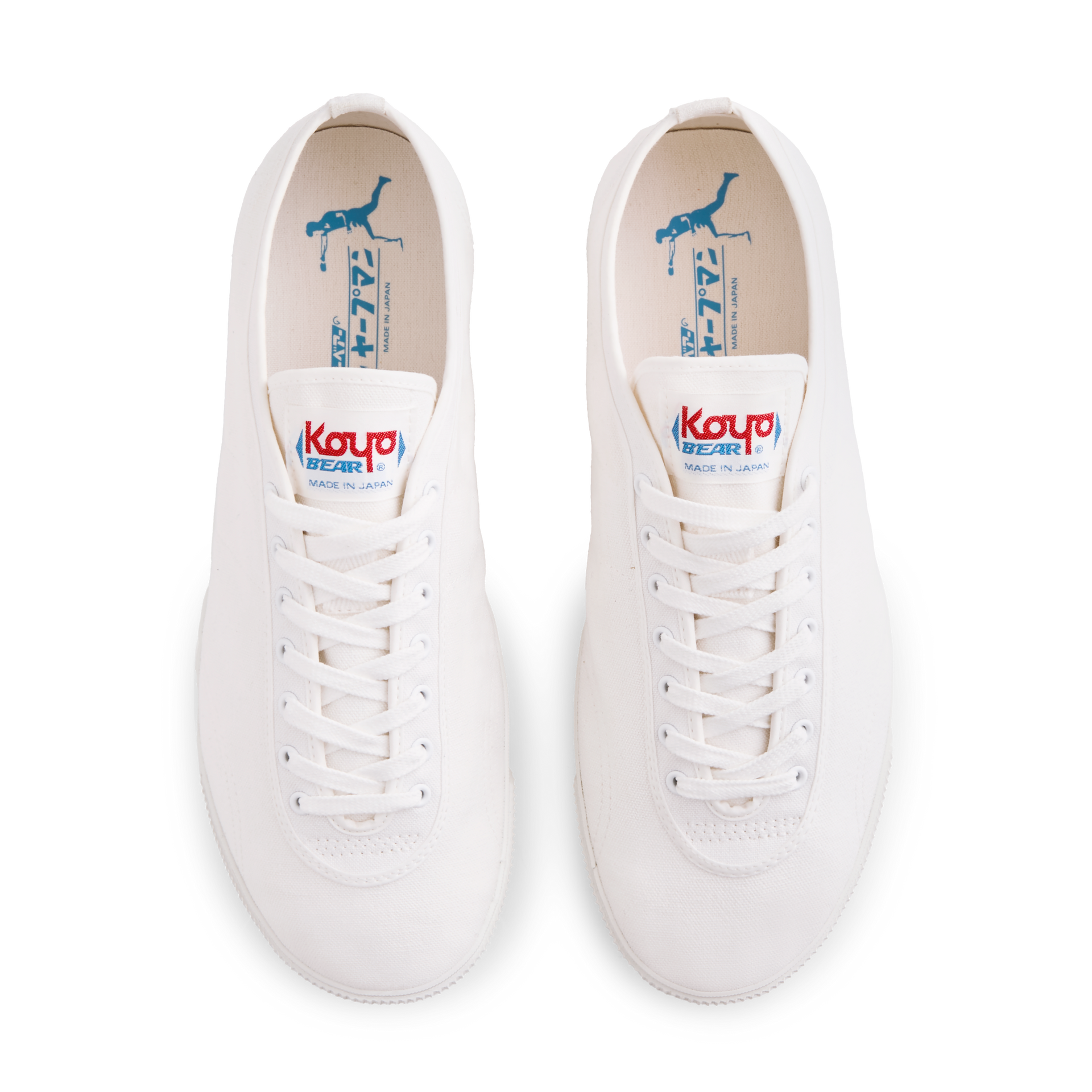 Top view of the handmade Koyo Bear Sharpman White Trim canvas sneakers, made in Japan, shown as a matching pair with insole branding visible on the original table tennis shoe.