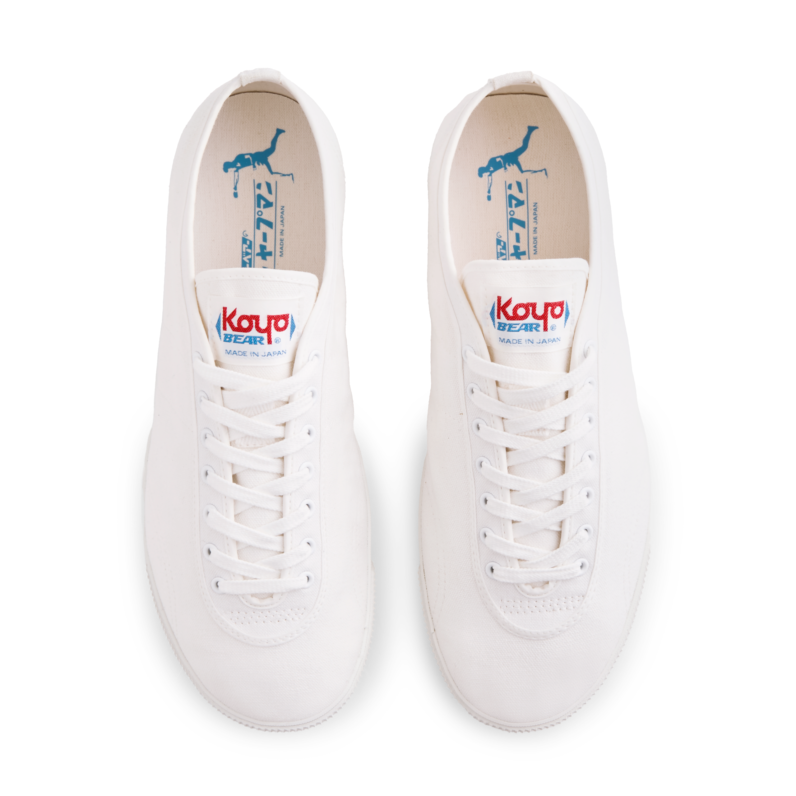 Top view of the handmade Koyo Bear Sharpman White Trim canvas sneakers, made in Japan, shown as a matching pair with insole branding visible on the original table tennis shoe.