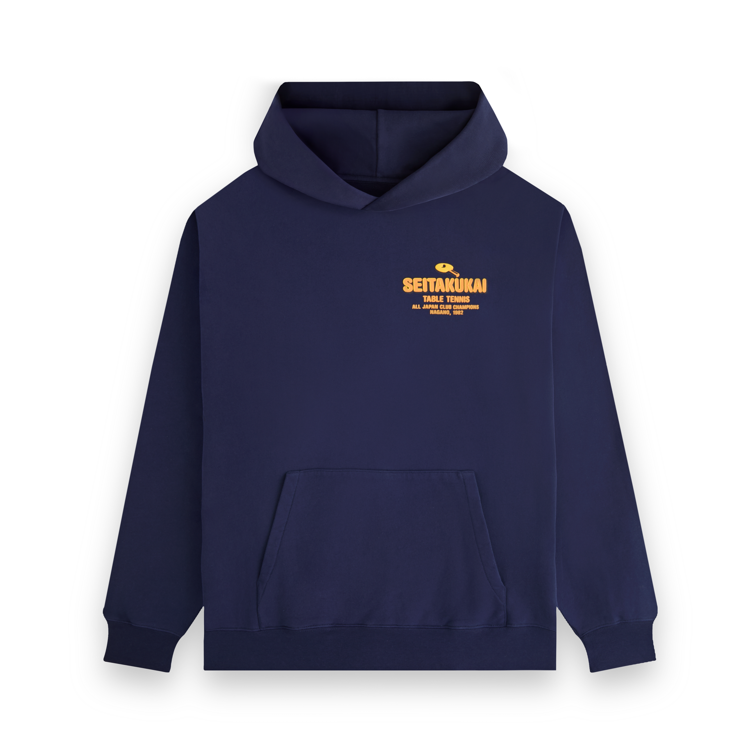 Front view of the navy Koyo Bear Team SEITAKUKAI hoodie featuring the yellow table tennis club logo from the 1982 Nagano champions.