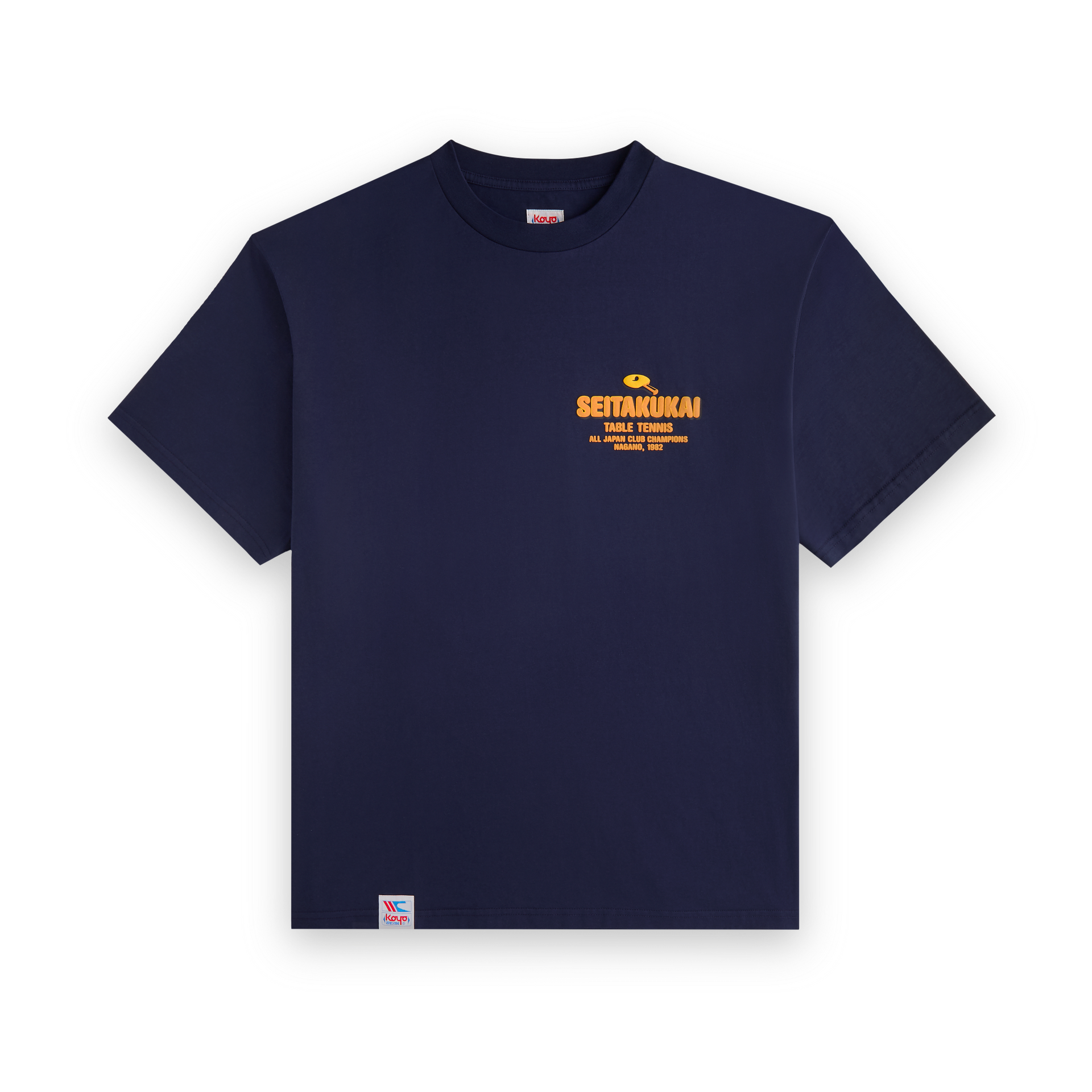 Front view of the Koyo Bear Team SEITAKUKAI T-shirt featuring the yellow table tennis club logo from the 1982 Nagano champions.