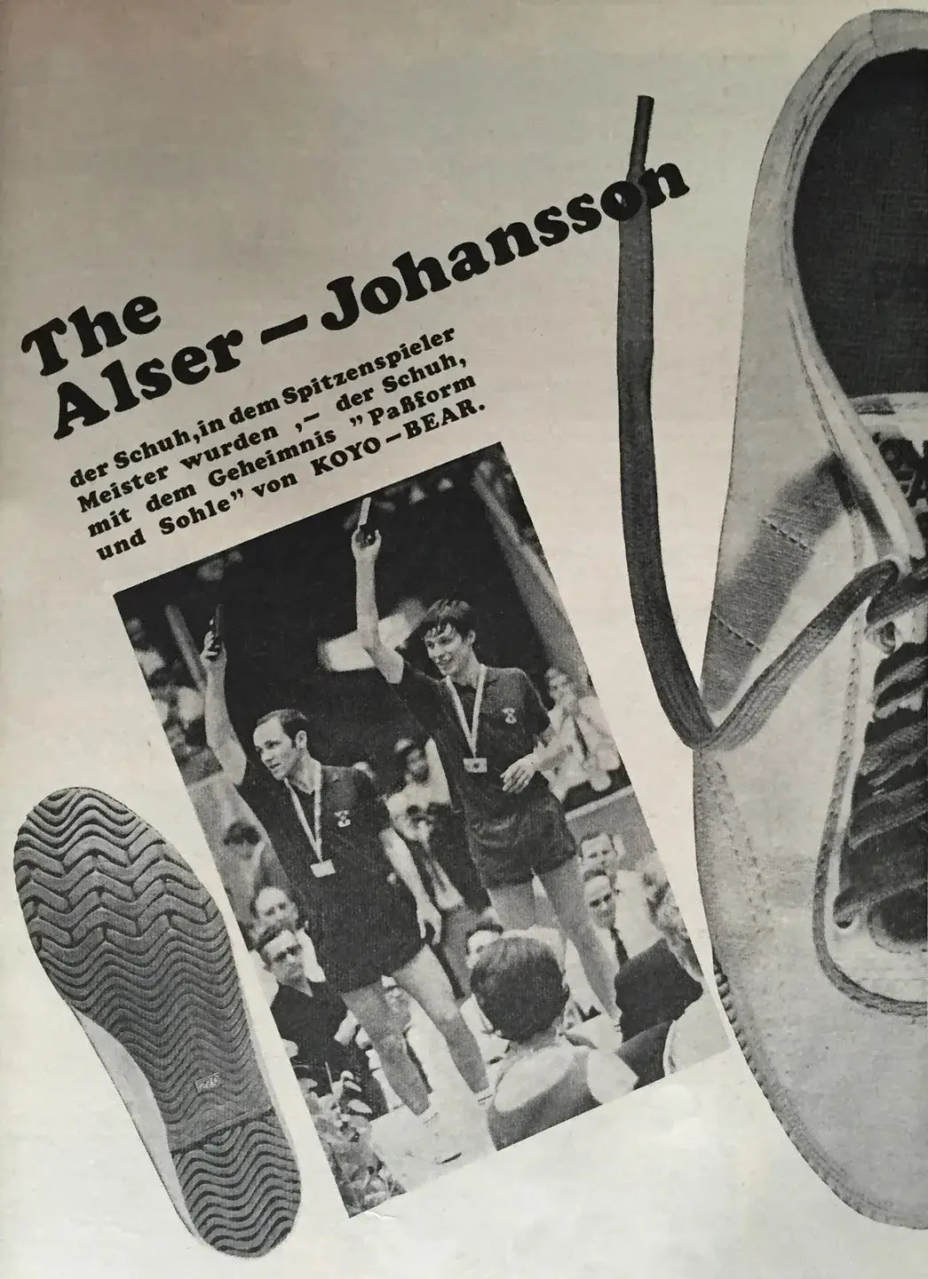 German Koyo Bear Sharpman advertisement featuring world champions Hans Alser and Kjell Johansson, showing the iconic vulcanized wave sole and the professional table tennis shoes worn by European champions.