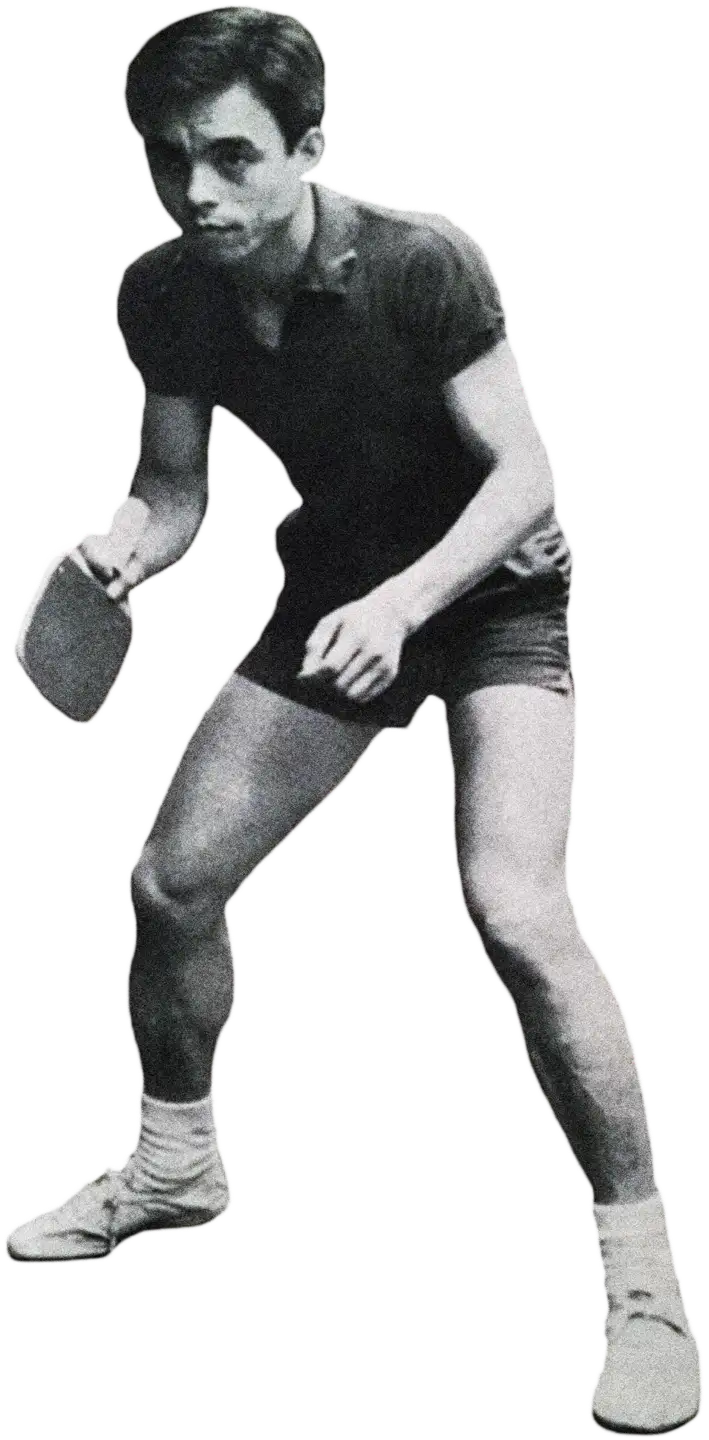 Ichiro Ogimura wearing the Koyo Bear Sharpman White canvas sneakers, the world’s first purpose-built table tennis shoe, designed by him. 