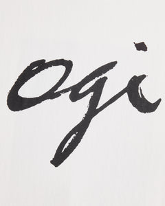 Close-up of the black ‘ogi’ signature print by Ichiro Ogimura on the Koyo Bear OGI Signature T-shirt.