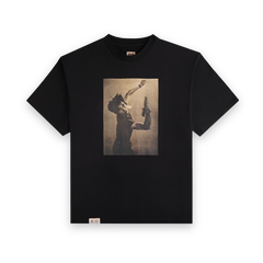 Front view of the black Koyo Bear Ichiro Ogimura OGI Signature Return T-shirt featuring a vintage photograph of the legendary Japanese table tennis player.