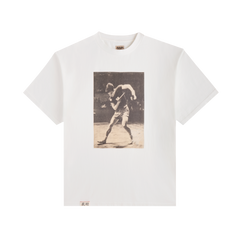 Front view of the white Koyo Bear Ichiro Ogimura OGI Signature Serve T-shirt featuring a vintage action photograph of the legendary Japanese table tennis player.