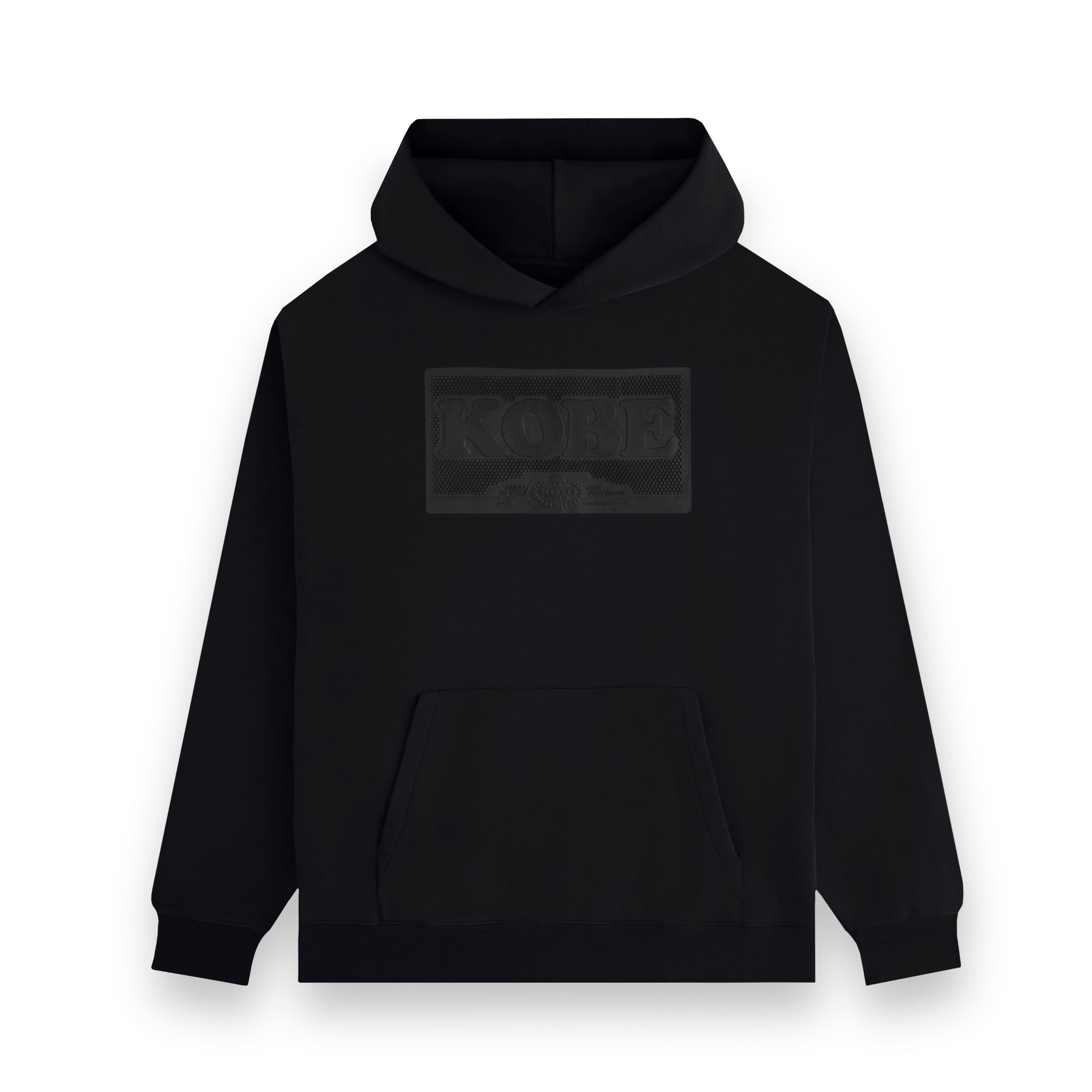 Front view of the black Koyo Bear Short Pips hoodie featuring a rubberised KOBE logo patch with short pips texture on the chest.