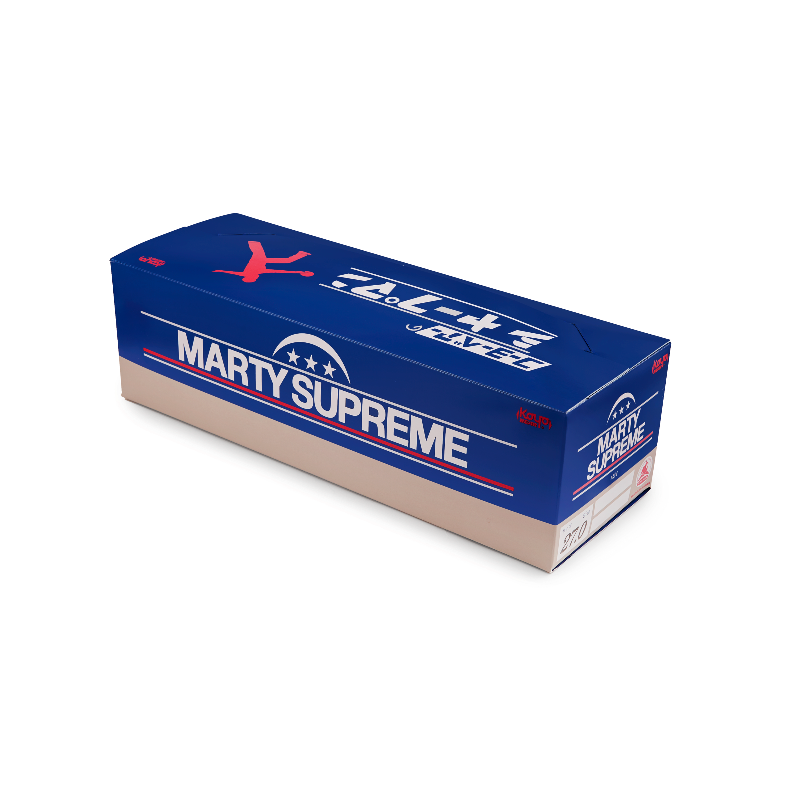Blue Koyo Bear x Marty Supreme collaboration shoebox featuring co-branded graphics and limited-edition packaging design.