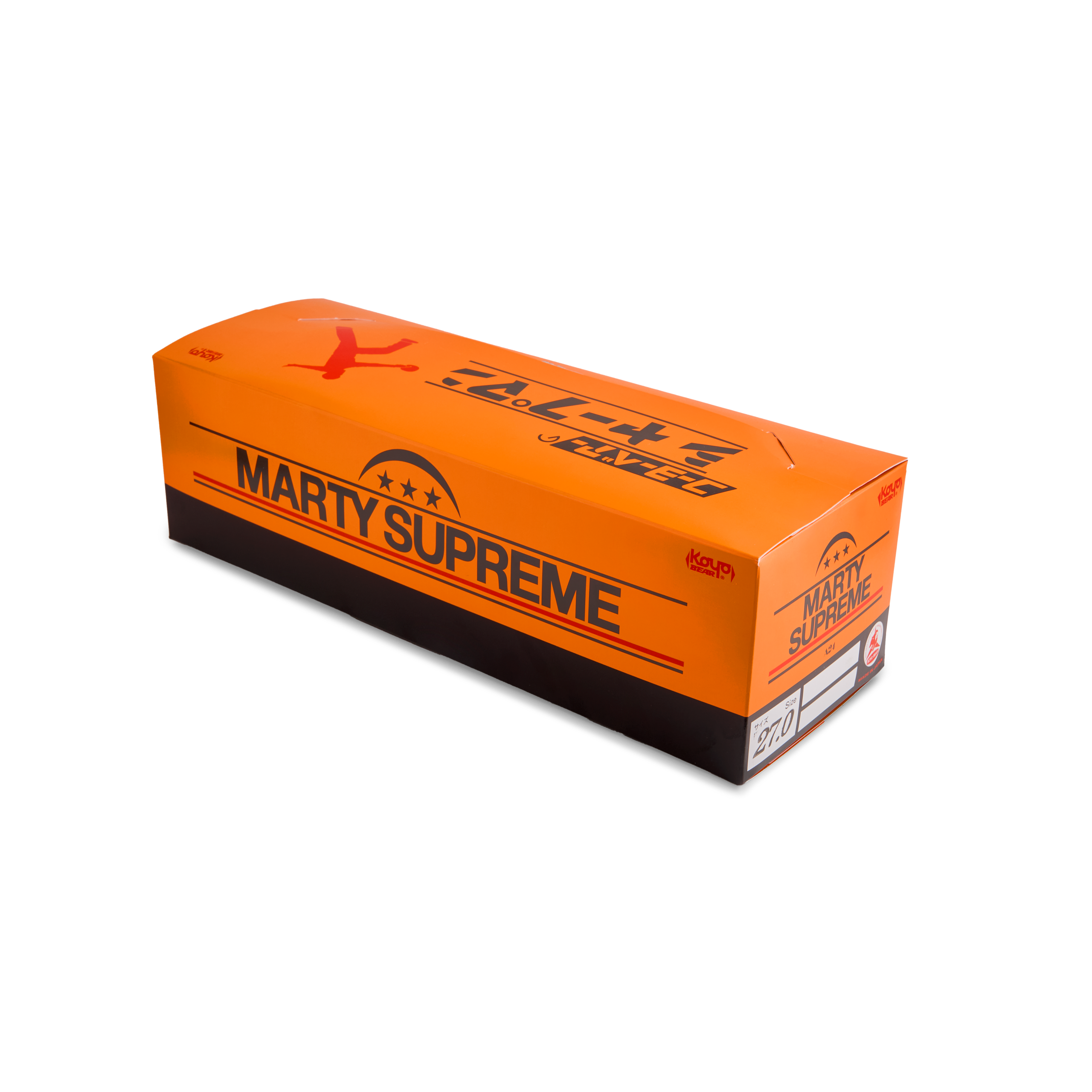 Orange Koyo Bear x Marty Supreme collaboration shoebox featuring co-branded graphics and limited-edition packaging design.