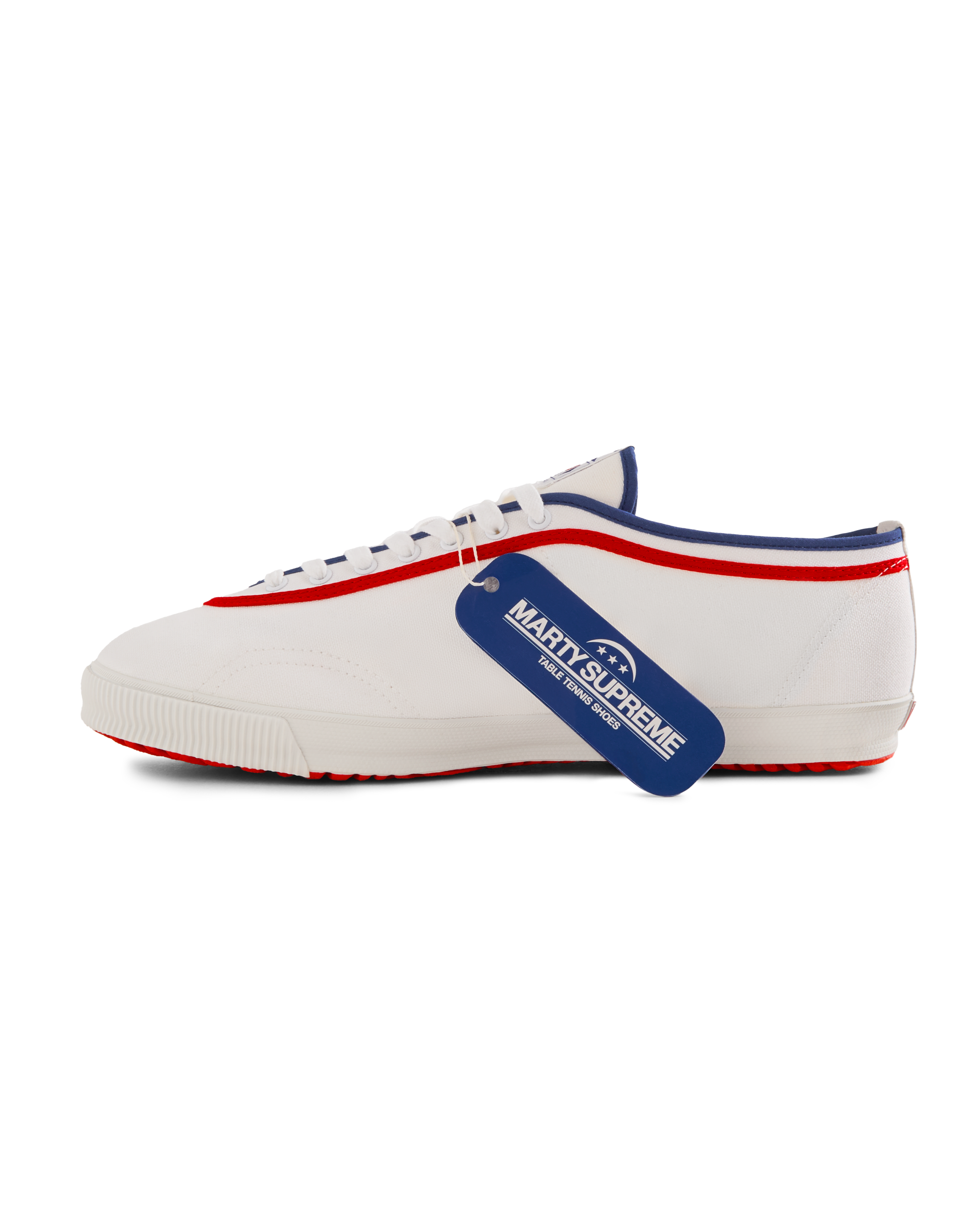 Koyo Bear x Marty Supreme Sharpman sneaker in white canvas with blue and red trim and official collaboration hangtag, handcrafted in Japan.