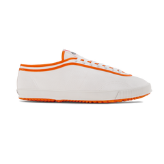 Side profile of Koyo Bear x Marty Supreme Sharpman sneaker in white canvas with orange trim and signature vulcanized wave outsole, handcrafted in Japan.