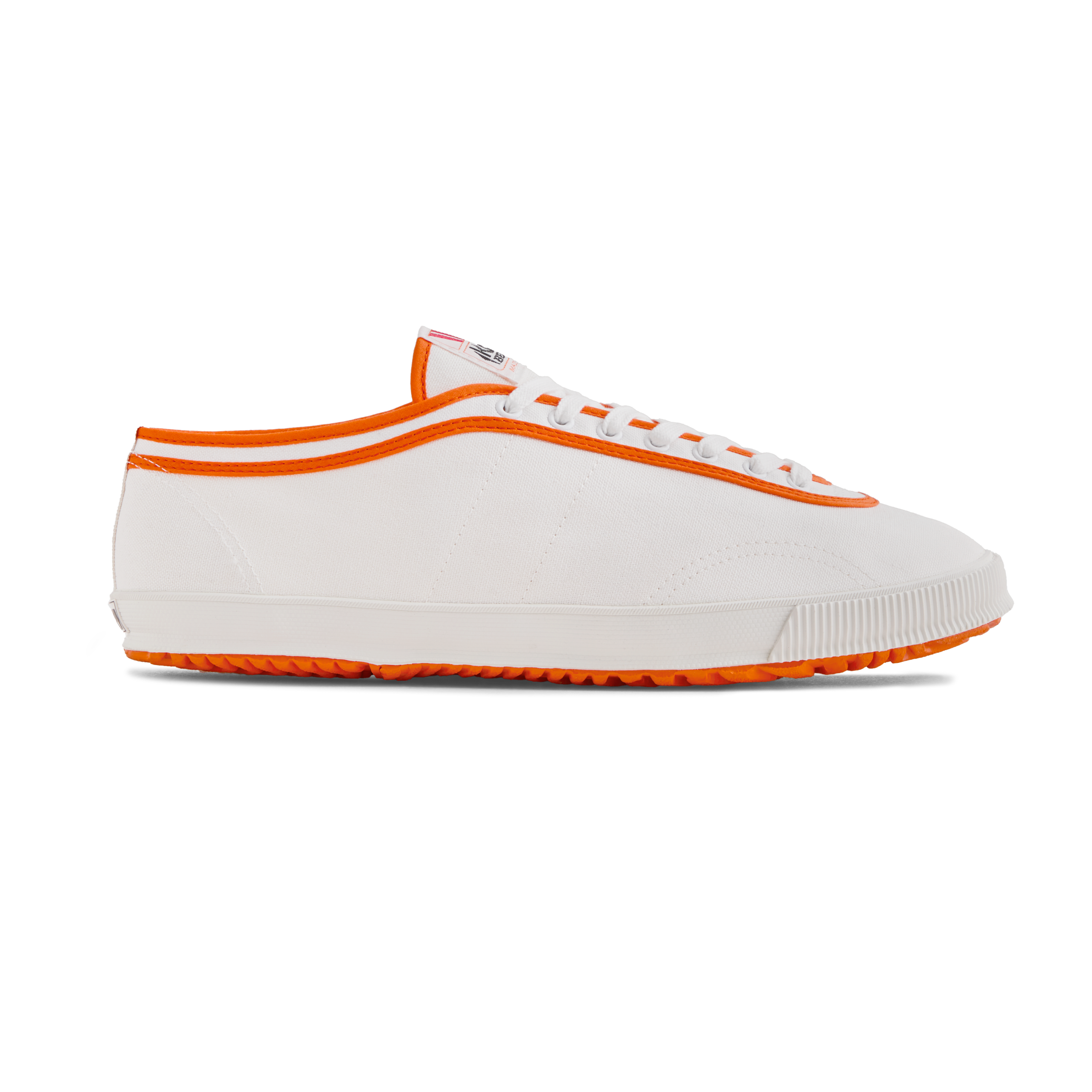 Side profile of Koyo Bear x Marty Supreme Sharpman sneaker in white canvas with orange trim and signature vulcanized wave outsole, handcrafted in Japan.