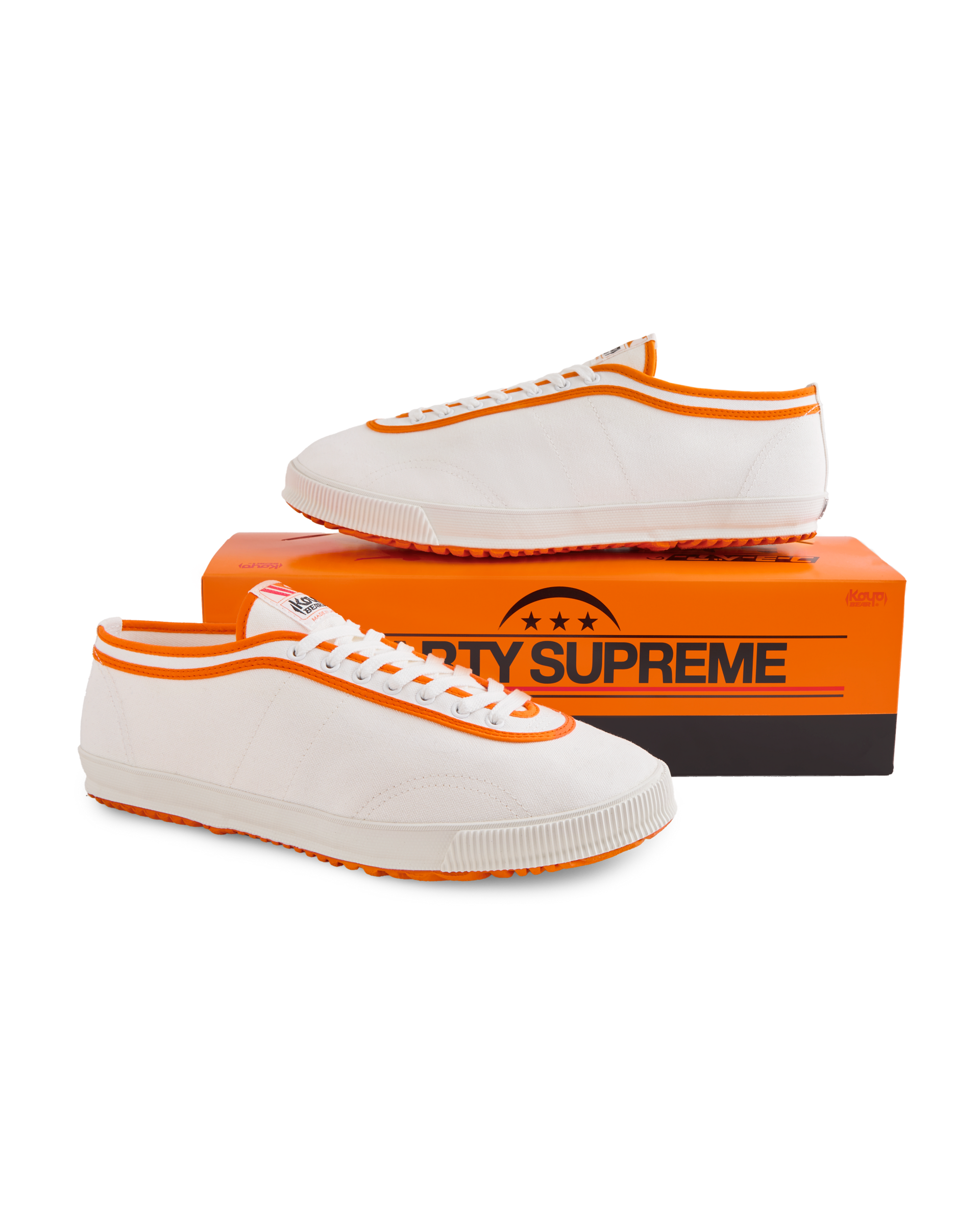 Koyo Bear x Marty Supreme Sharpman sneakers with orange trim and vulcanized sole, handmade in Japan and displayed with limited-edition Marty Supreme shoebox packaging.