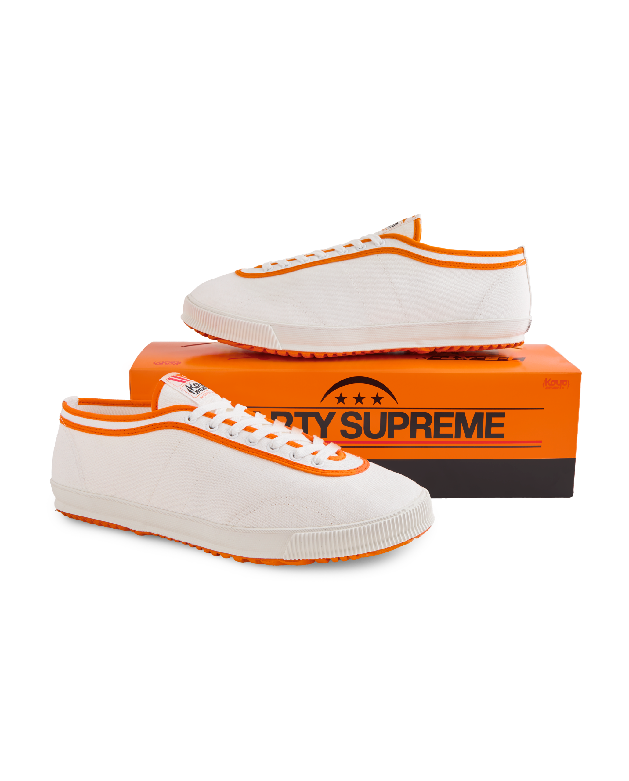Koyo Bear x Marty Supreme Sharpman sneakers with orange trim and vulcanized sole, handmade in Japan and displayed with limited-edition Marty Supreme shoebox packaging.