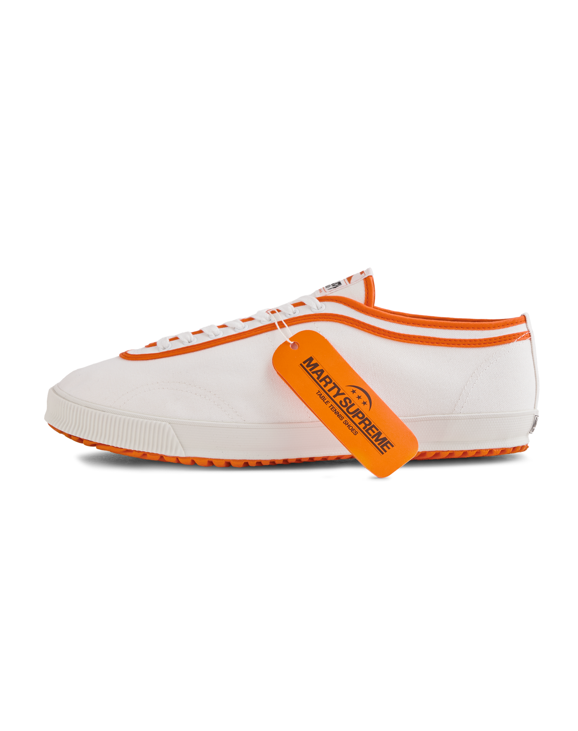 Koyo Bear x Marty Supreme Sharpman sneaker in white canvas with orange trim and collaboration hangtag, handmade in Japan with signature vulcanized rubber sole.