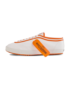 Koyo Bear x Marty Supreme Sharpman sneaker in white canvas with orange trim and collaboration hangtag, handmade in Japan with signature vulcanized rubber sole.