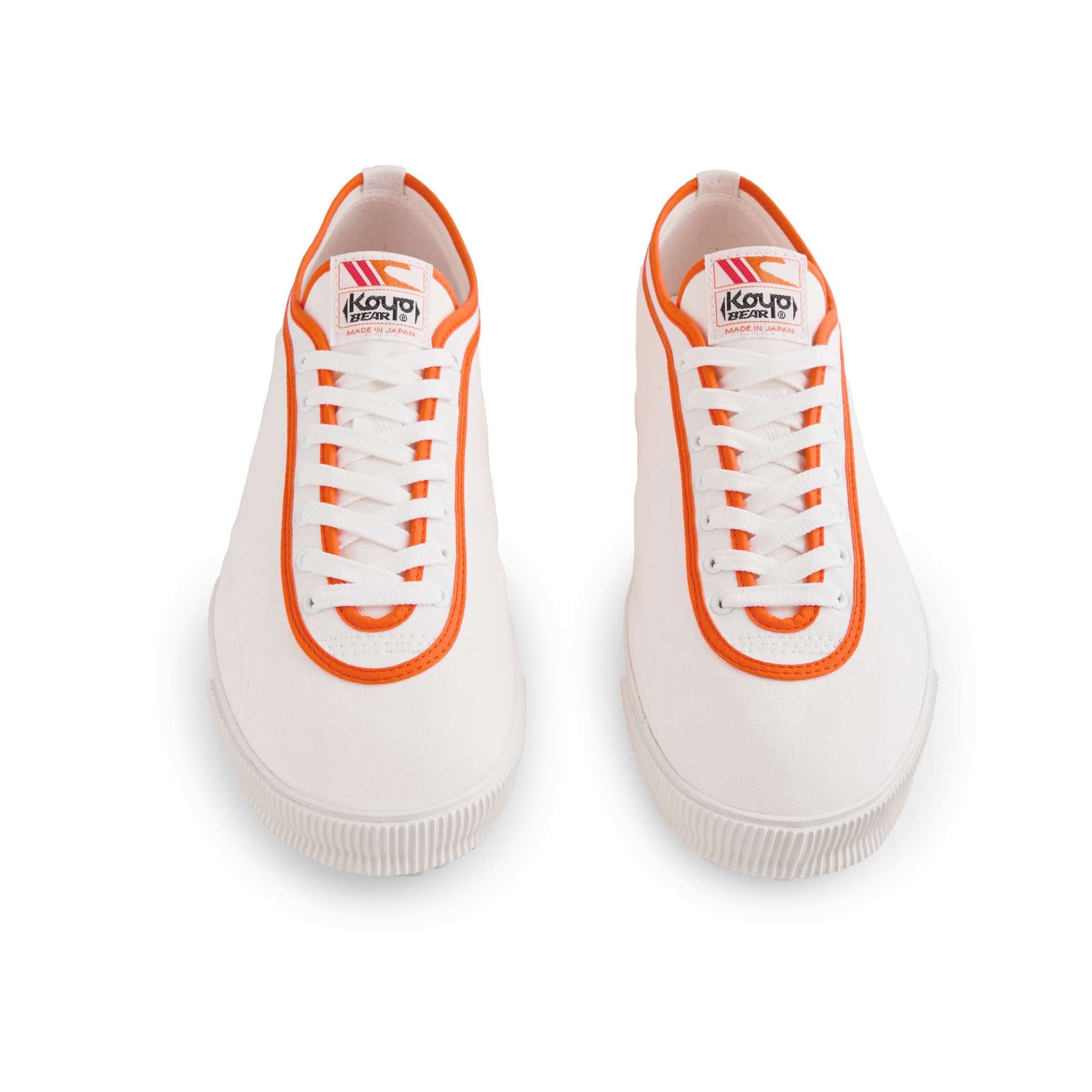 Front view of the orange version Koyo Bear Sharpman Marty Supreme sneakers with red and blue trim, shown as a matching pair.