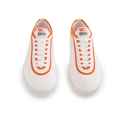 Front view of the orange version Koyo Bear Sharpman Marty Supreme sneakers with red and blue trim, shown as a matching pair.