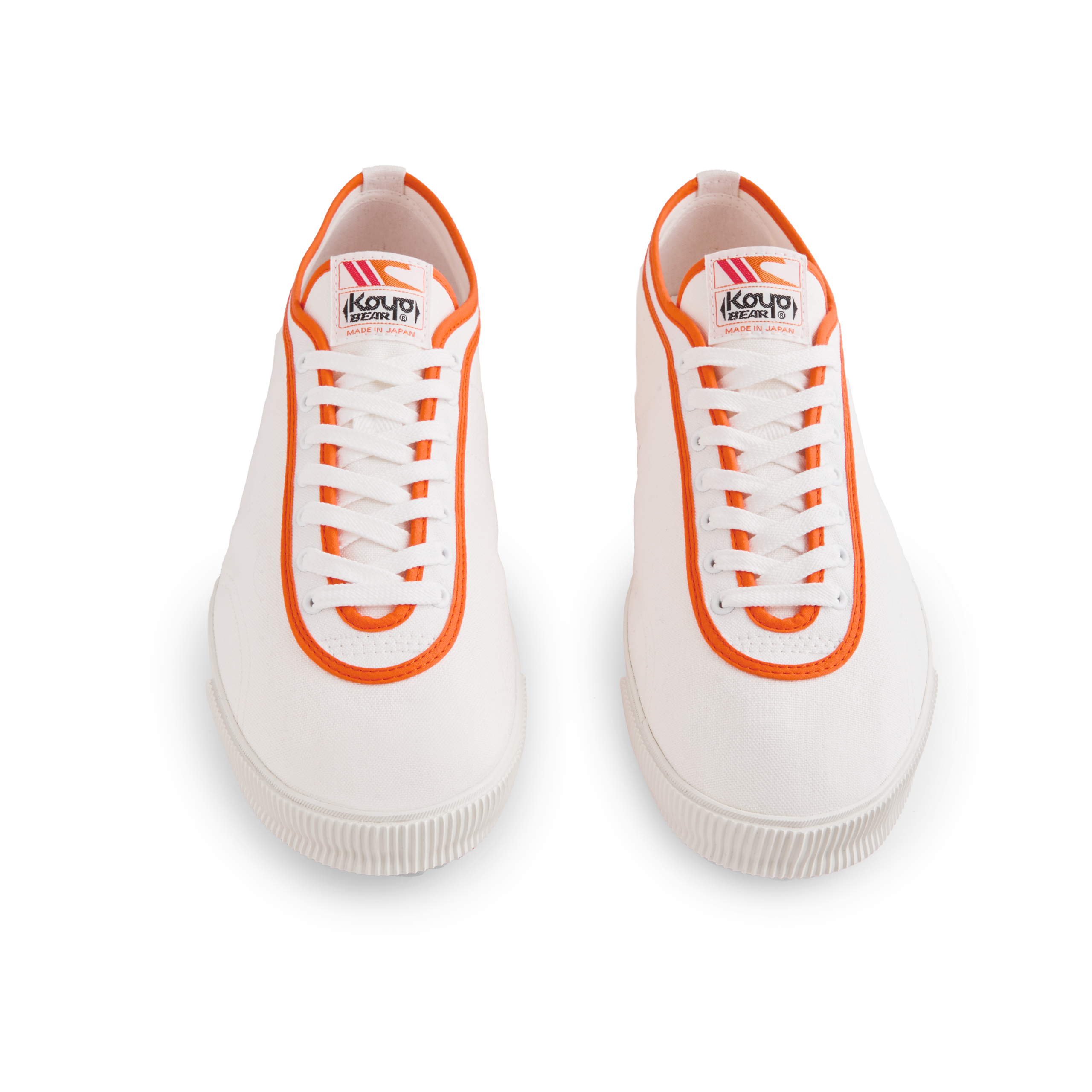 Front view of the orange version Koyo Bear Sharpman Marty Supreme sneakers with red and blue trim, shown as a matching pair.