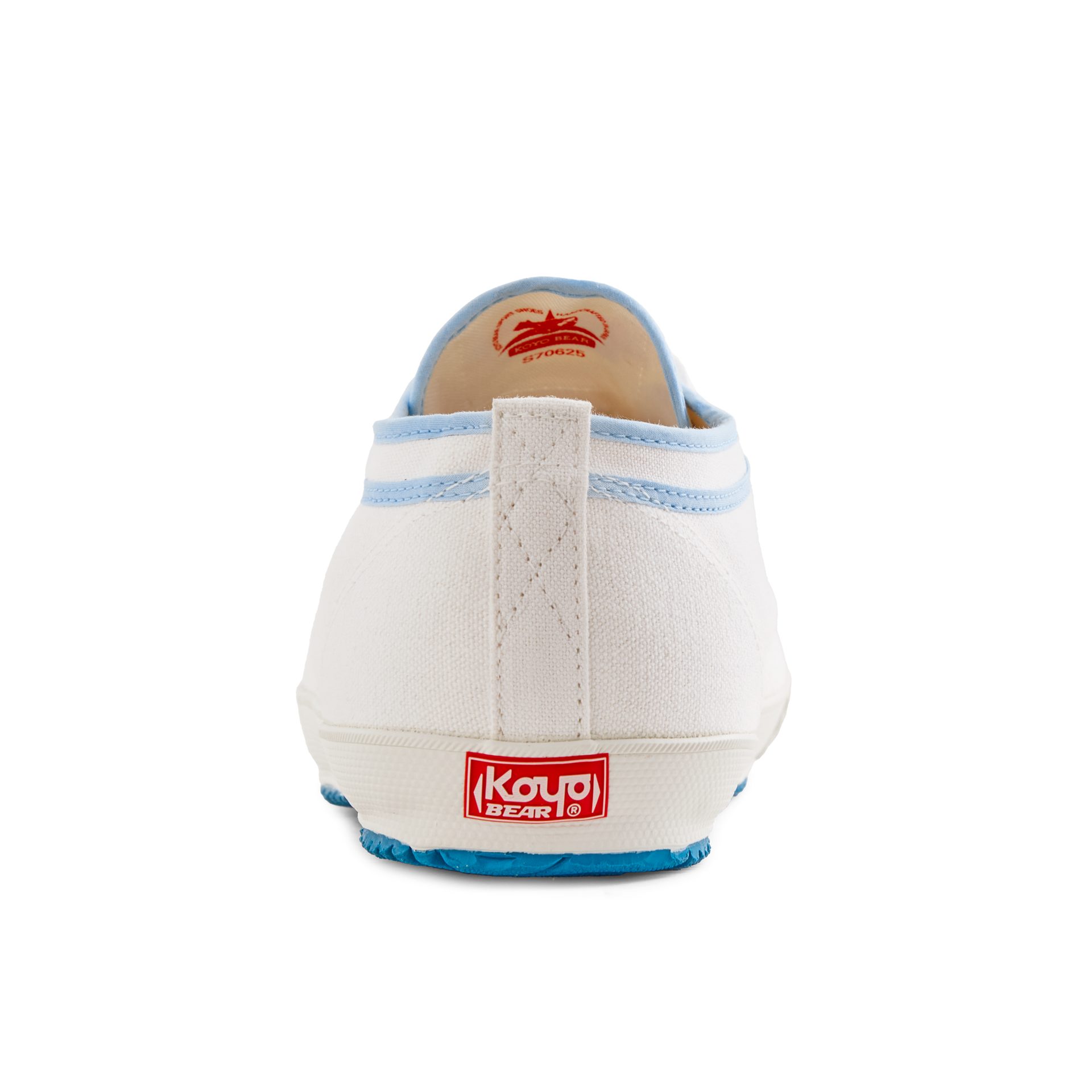Back view of the handmade Koyo Bear Sharpman Blue Trim canvas sneakers, made in Japan, showing the heel pull tab, Koyo Bear logo, and blue vulcanised sole of the world’s first purpose-built table tennis shoe.