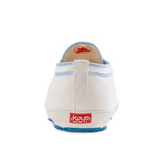 Back view of the handmade Koyo Bear Sharpman Blue Trim canvas sneakers, made in Japan, showing the heel pull tab, Koyo Bear logo, and blue vulcanised sole of the world’s first purpose-built table tennis shoe.