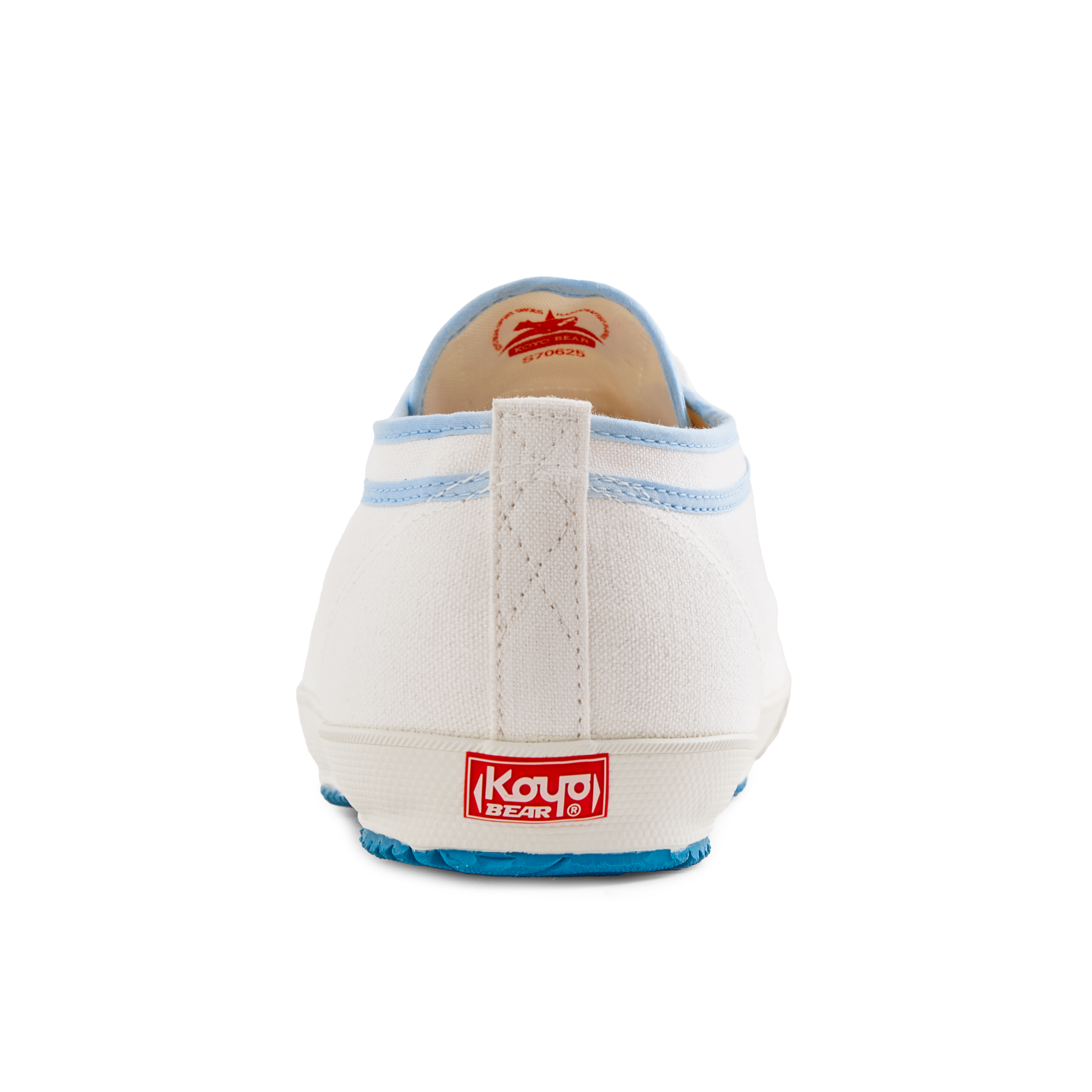 Back view of the handmade Koyo Bear Sharpman Blue Trim canvas sneakers, made in Japan, showing the heel pull tab, Koyo Bear logo, and blue vulcanised sole of the world’s first purpose-built table tennis shoe.