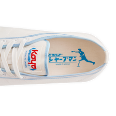 Top view of the insole inside the handmade Koyo Bear Sharpman Blue Trim canvas sneakers, made in Japan, showing the table tennis player graphic from the world’s first purpose-built table tennis shoe.