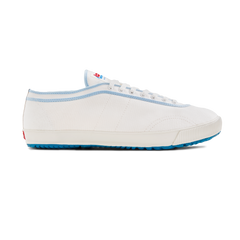 Side view of the handmade Koyo Bear Sharpman Blue Trim canvas sneakers, made in Japan in white canvas with light blue piping and blue vulcanised outsole, featuring the classic low-profile table tennis silhouette.