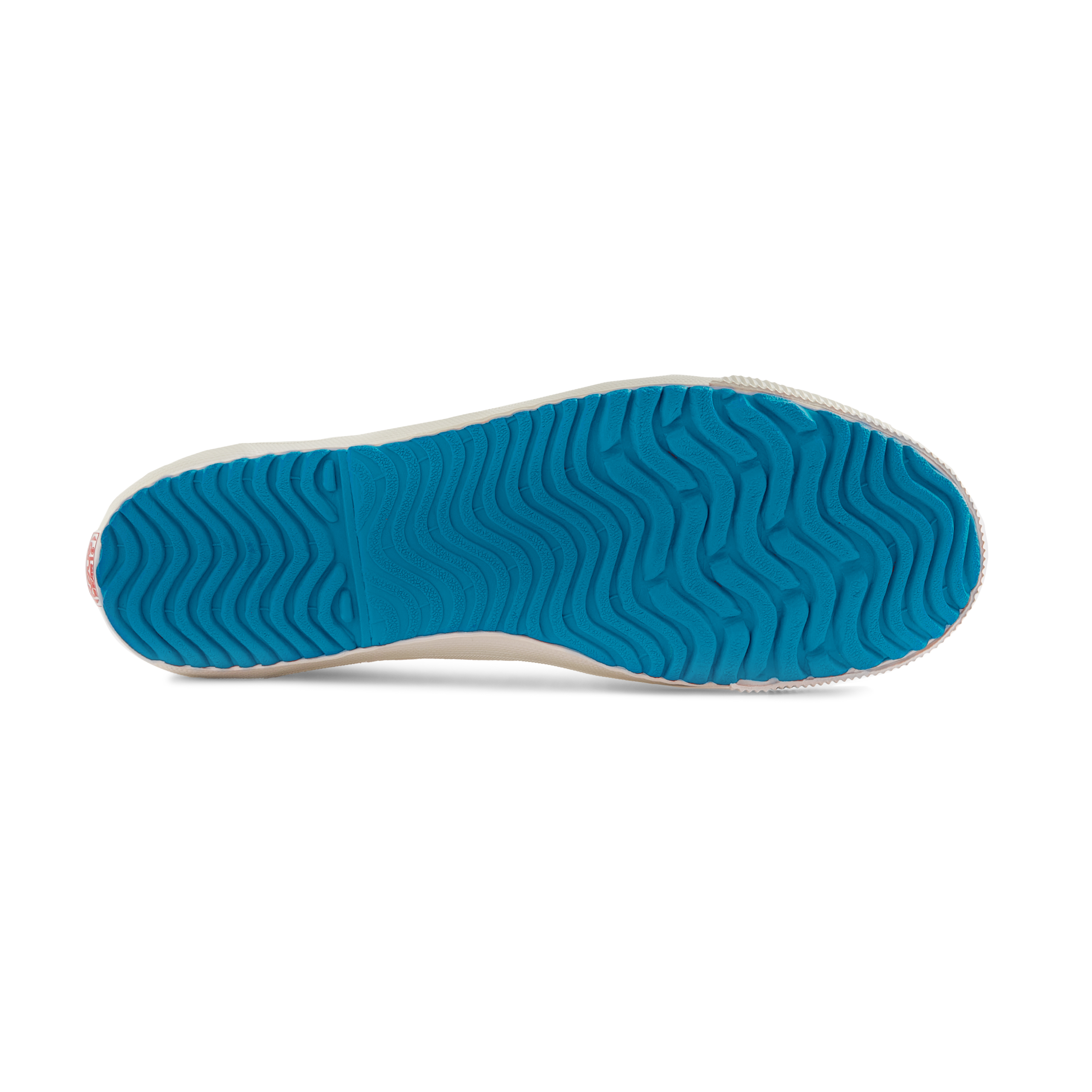 Bottom view of the blue vulcanised rubber outsole on the handmade Koyo Bear Sharpman Blue Trim canvas sneakers, made in Japan, showing the wave-pattern grip of the world’s first purpose-built table tennis shoe.