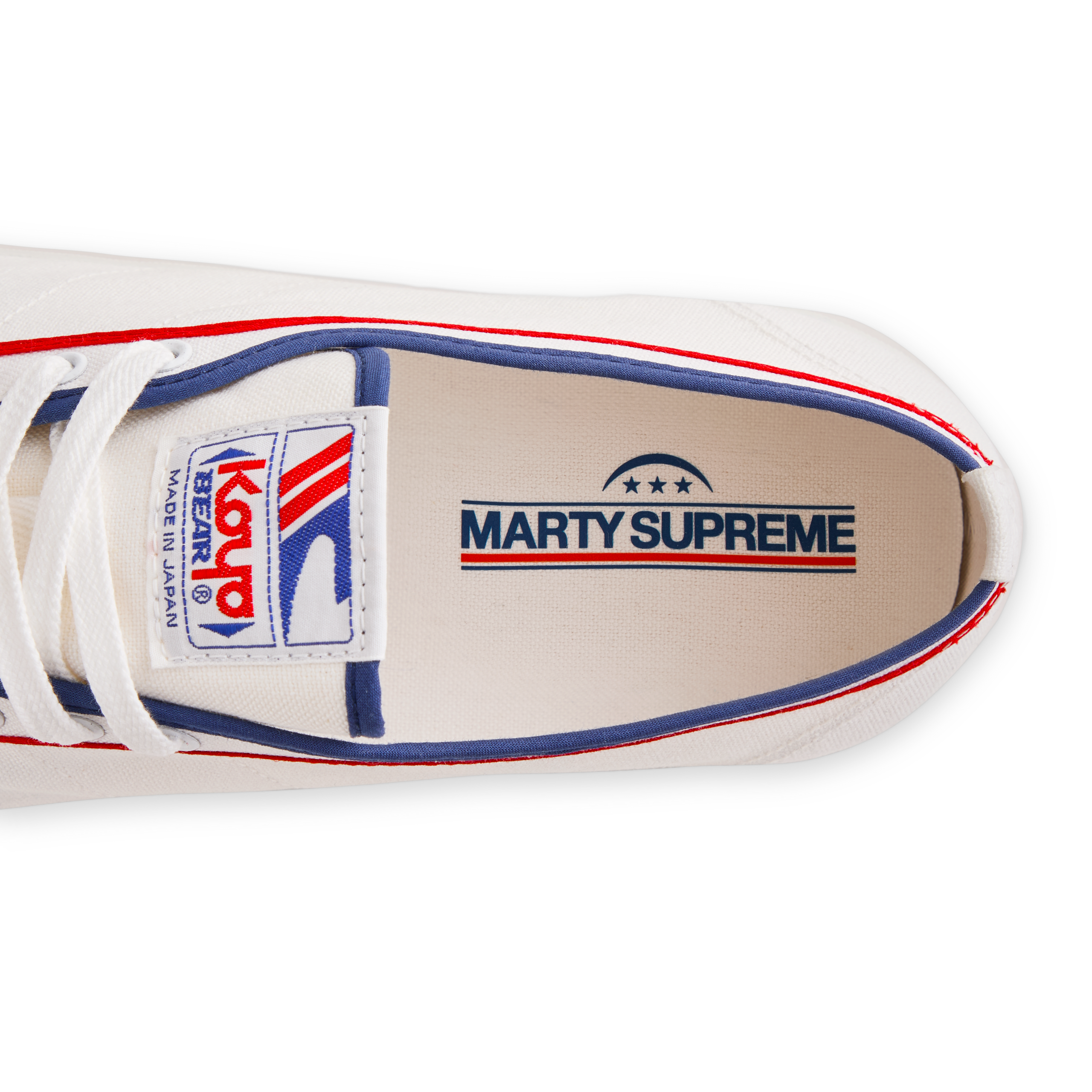 Close-up of the insole print inside the white Koyo Bear Sharpman Marty Supreme sneakers with red and blue trim, showing the MARTY SUPREME logo. 