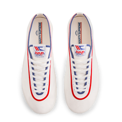 Top view of the white Koyo Bear Sharpman Marty Supreme sneakers with blue center stripe and red trim, made in Japan for the A24 Films collaboration.