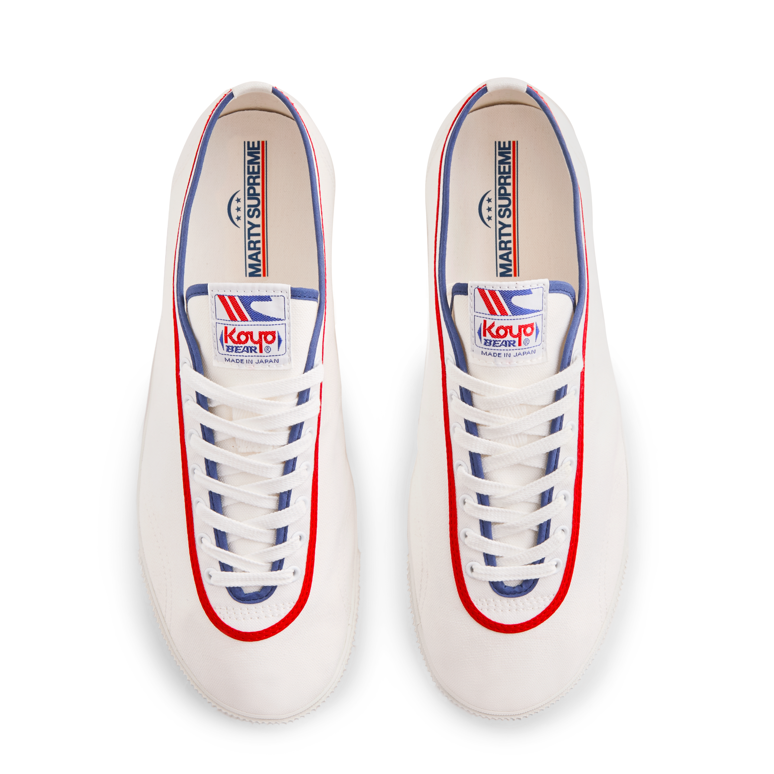 Top view of the white Koyo Bear Sharpman Marty Supreme sneakers with blue center stripe and red trim, made in Japan for the A24 Films collaboration.