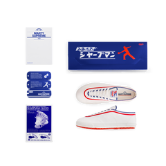 Set view of the white Koyo Bear Sharpman Marty Supreme sneakers with red and blue trim, including the shoe box, hangtag, card and Marty Supreme A24 packaging.