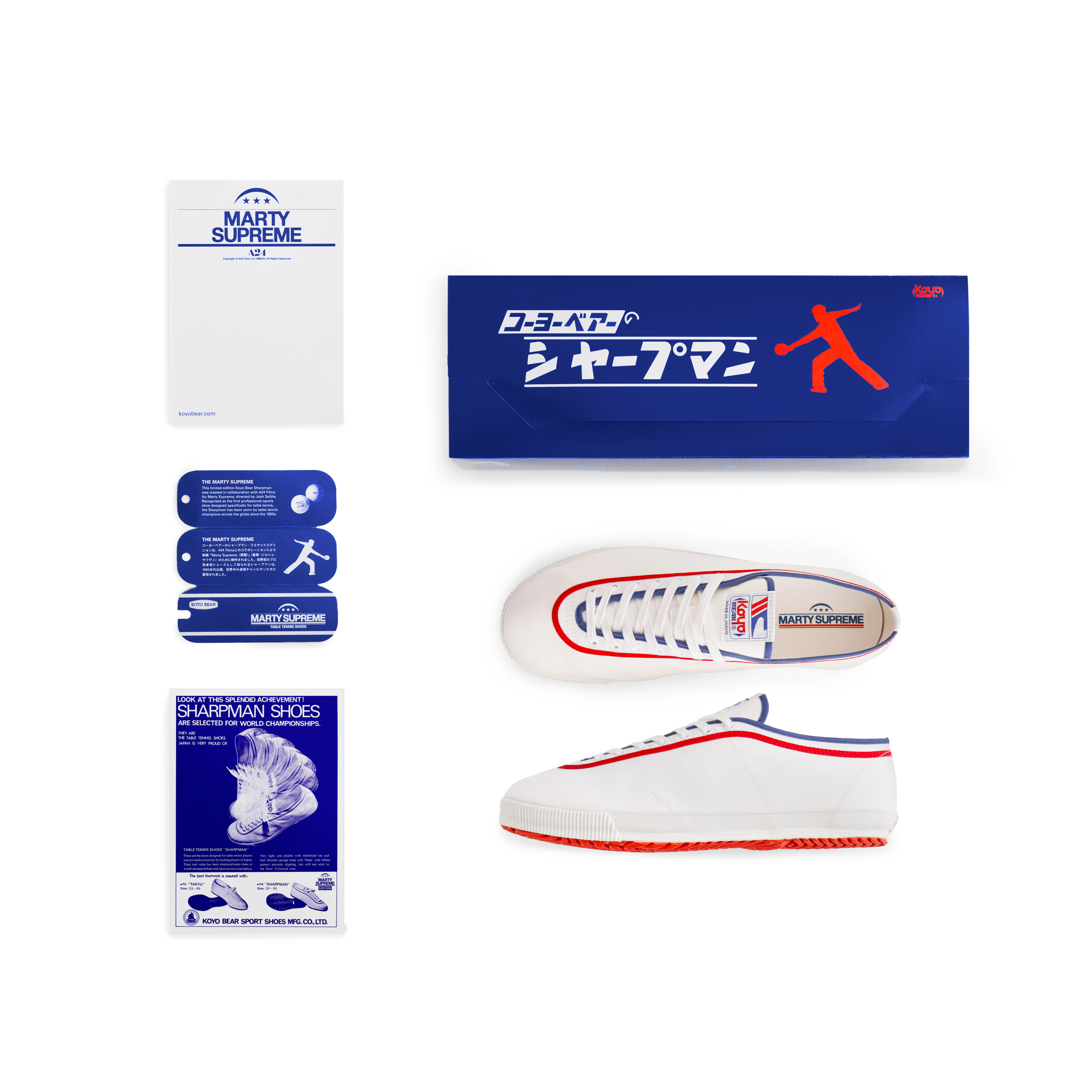 Set view of the white Koyo Bear Sharpman Marty Supreme sneakers with red and blue trim, including the shoe box, hangtag, card and Marty Supreme A24 packaging.