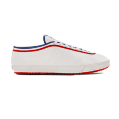 Side view of the white Koyo Bear Sharpman Marty Supreme sneakers with red and blue trim, made in Japan for the A24 Films collaboration
