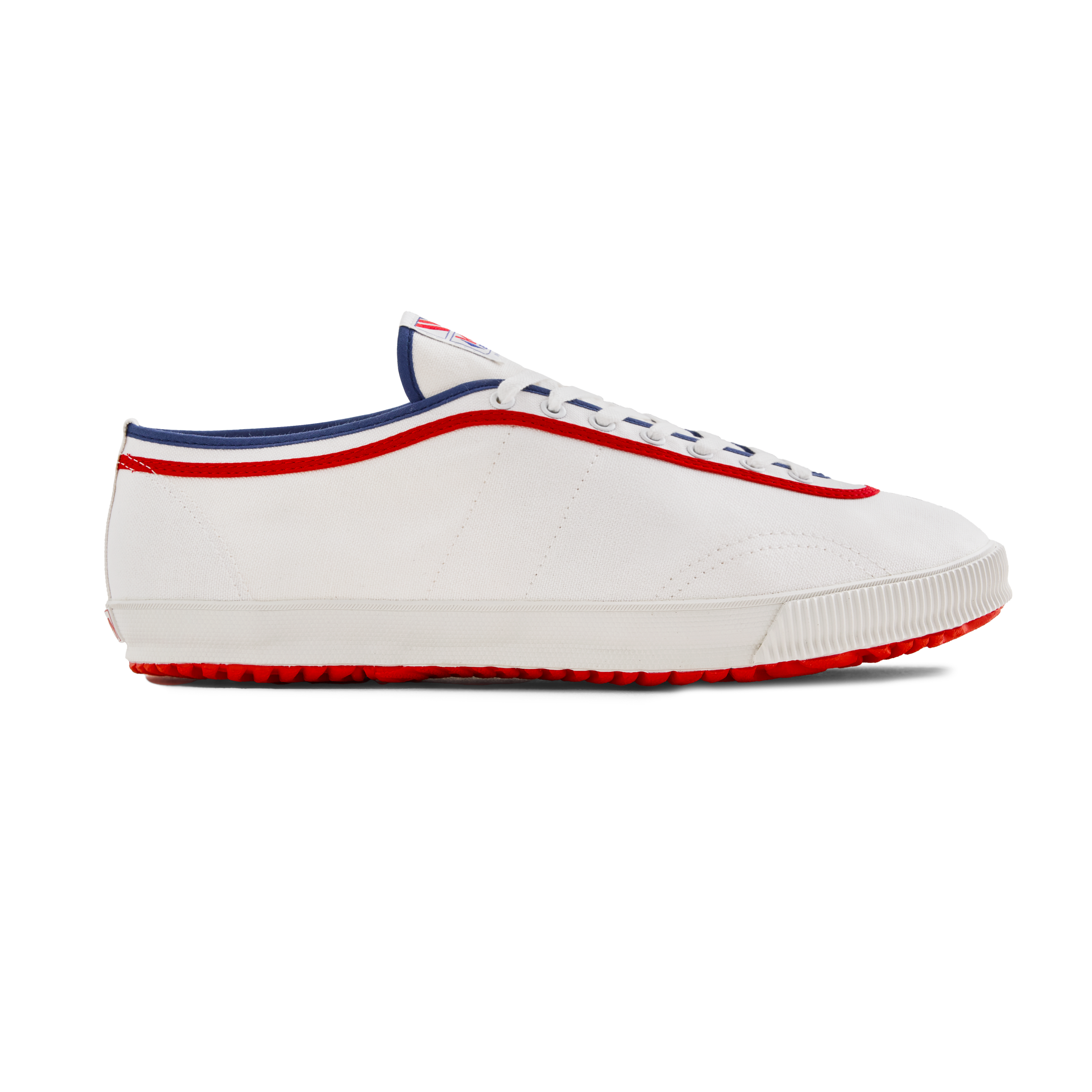 Side view of the white Koyo Bear Sharpman Marty Supreme sneakers with red and blue trim, made in Japan for the A24 Films collaboration