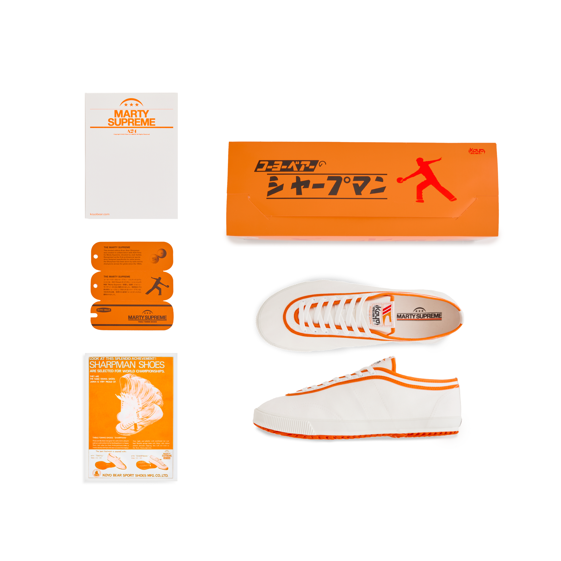 Set view of the orange Koyo Bear Sharpman Marty Supreme sneakers with red and blue trim, including the shoe box, hangtag, card and Marty Supreme A24 packaging.