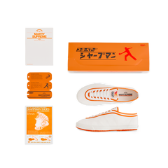 Set view of the orange Koyo Bear Sharpman Marty Supreme sneakers with red and blue trim, including the shoe box, hangtag, card and Marty Supreme A24 packaging.